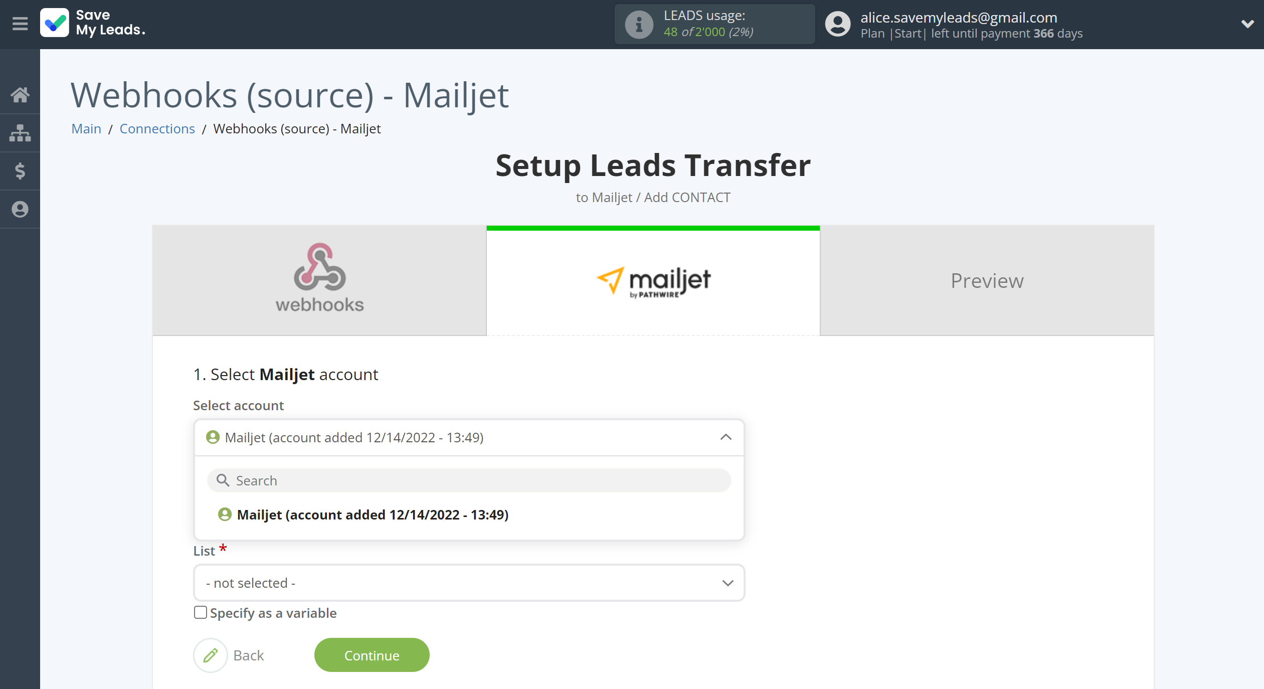 How to Connect Webhooks with Mailjet | Data Destination account selection