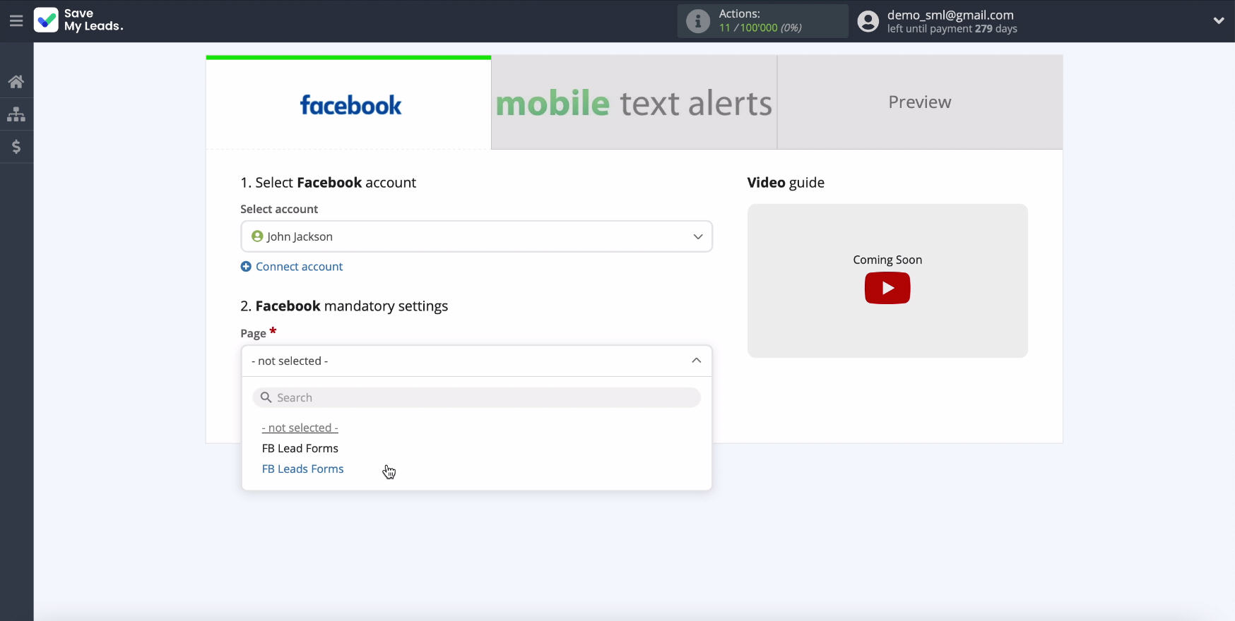 Facebook and Mobile Text Alerts integration | Select a page&nbsp;