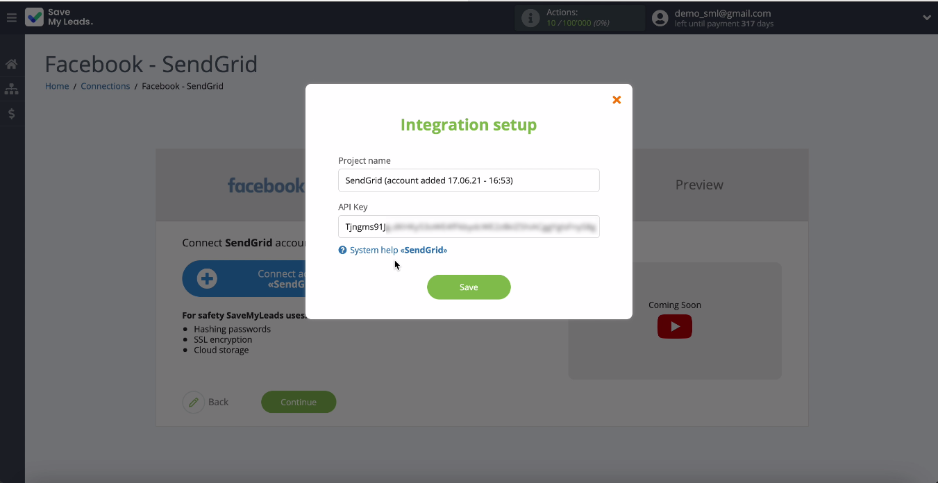Facebook and SendGrid integration | Fill in the field and click Save
