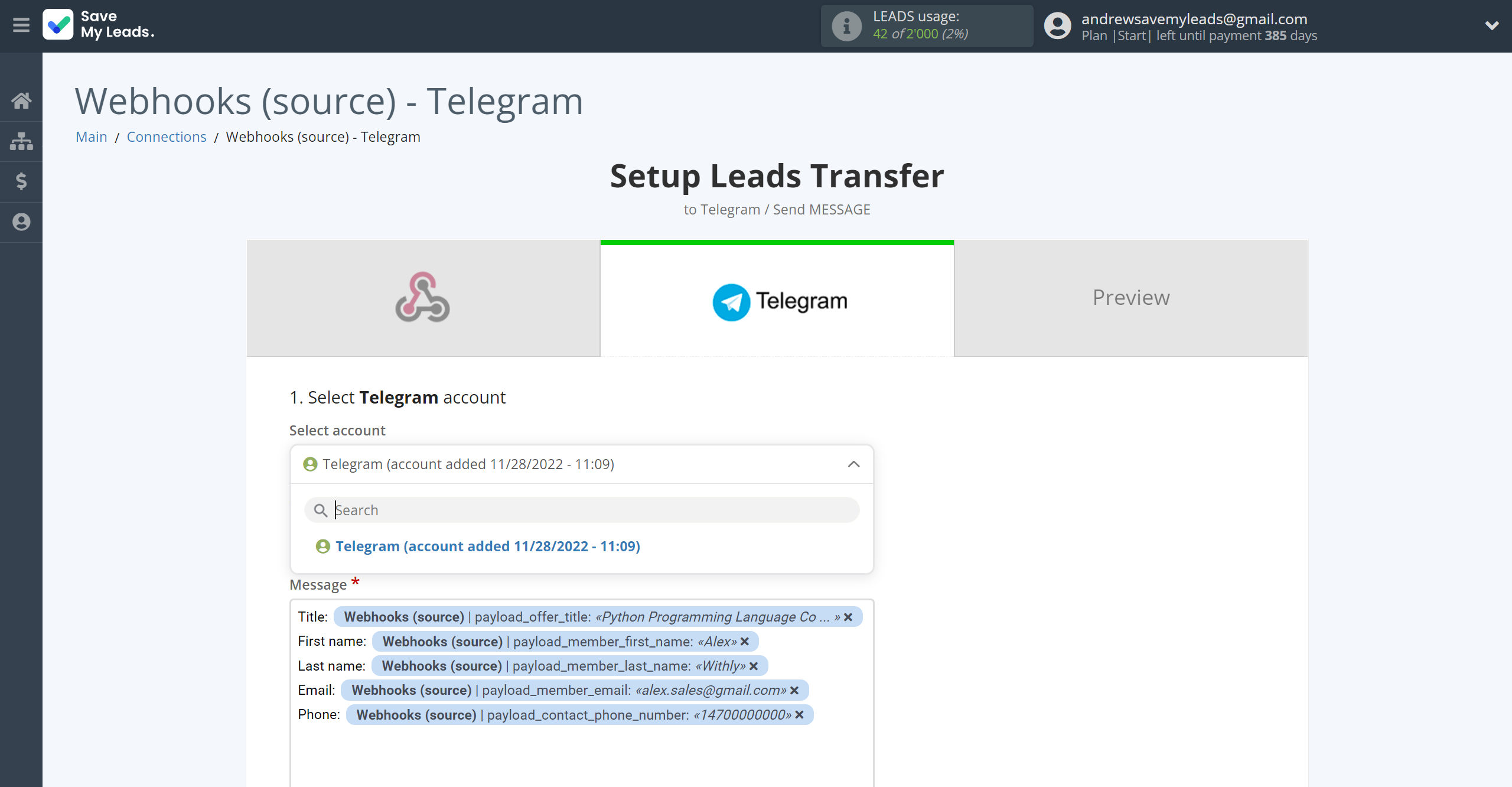 How to Connect Webhooks with Telegram | Data Destination account selection