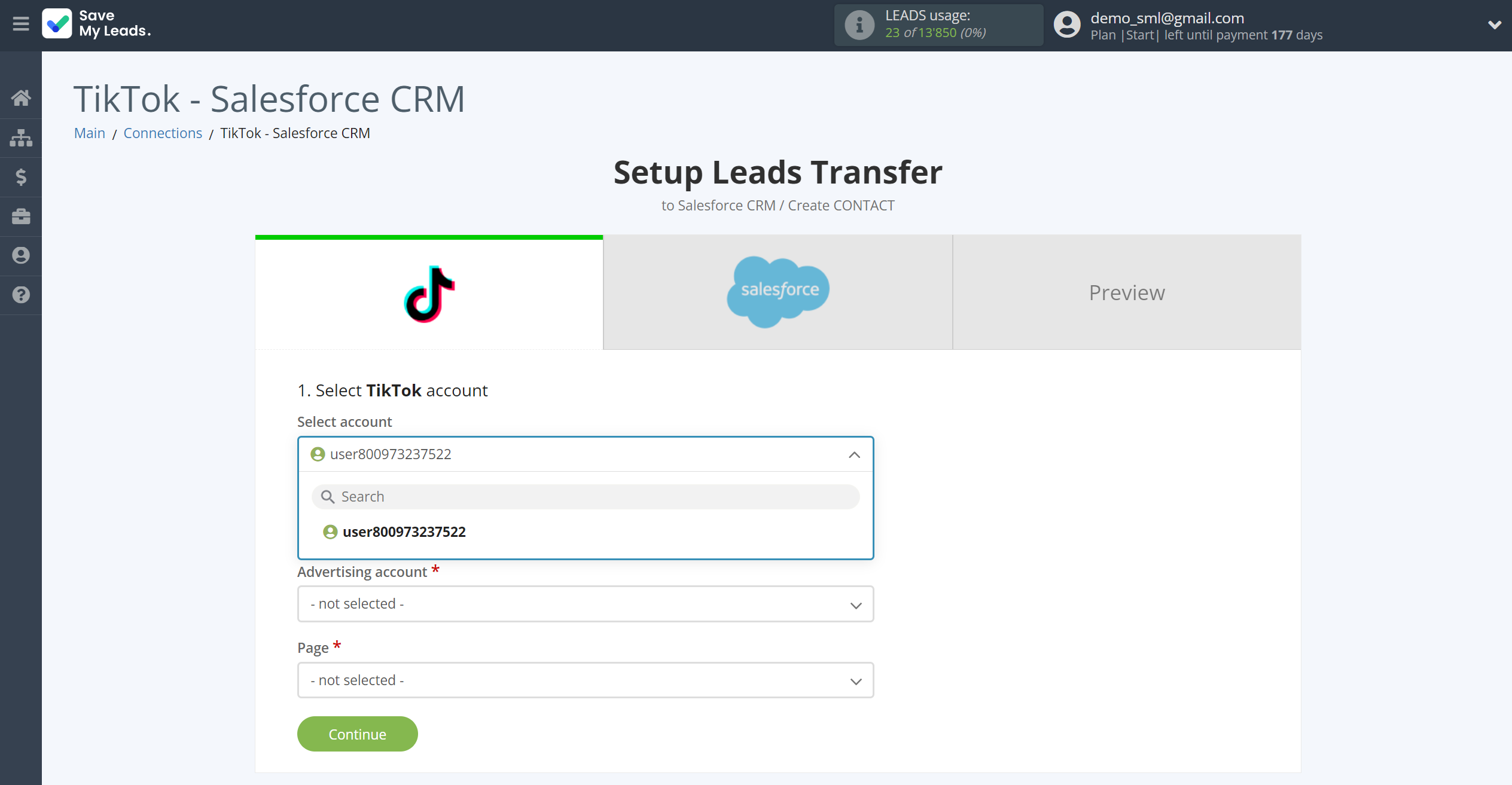 How to Connect TikTok with Salesforce CRM Create Contacts | Data Source account selection