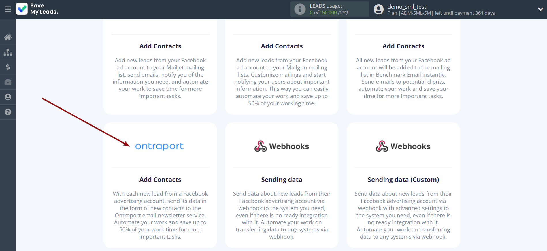 How to Connect Facebook with Ontraport | Data Destination system selection