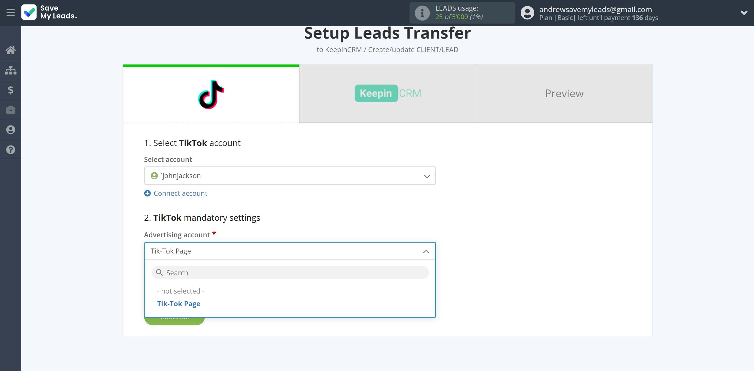 How to Connect TikTok with KeepinCRM Create/update Client/Lead | Data Source account connection