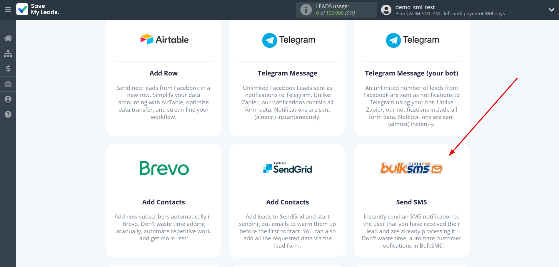 How to Connect Facebook with BulkSMS | Data Destination system selection