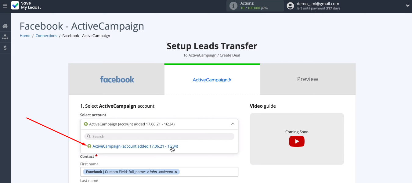 Facebook and ActiveCampaign integration | Select the ActiveCampaign account