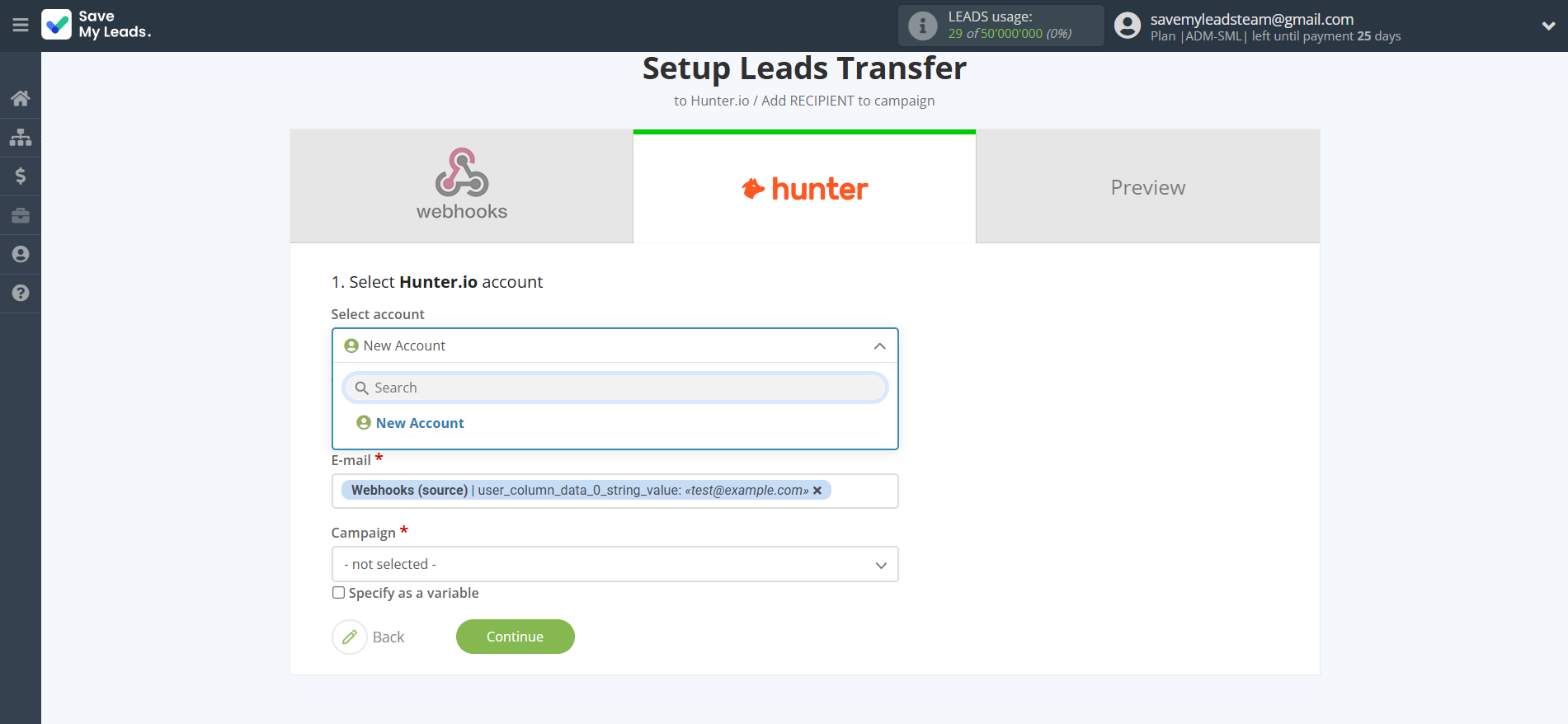 How to Connect Webhooks with Hunter.io Create Contact | Data Destination account selection