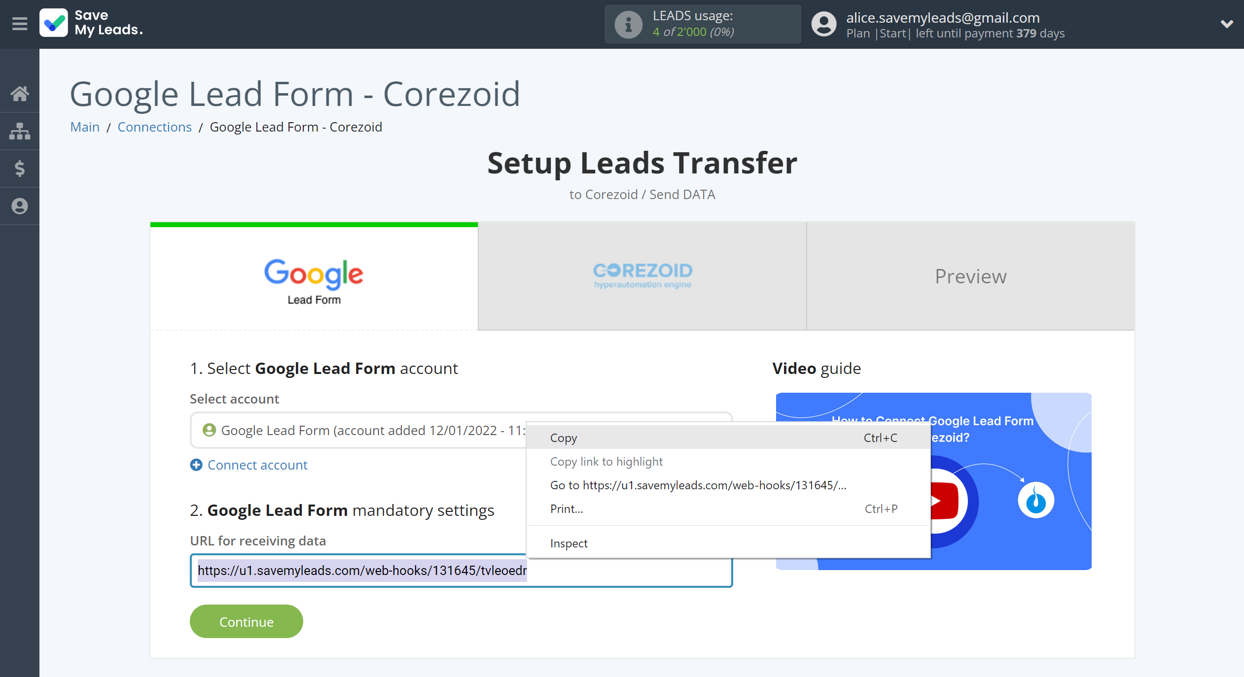 How to Connect Google Lead Form with Corezoid | Data Source account connection