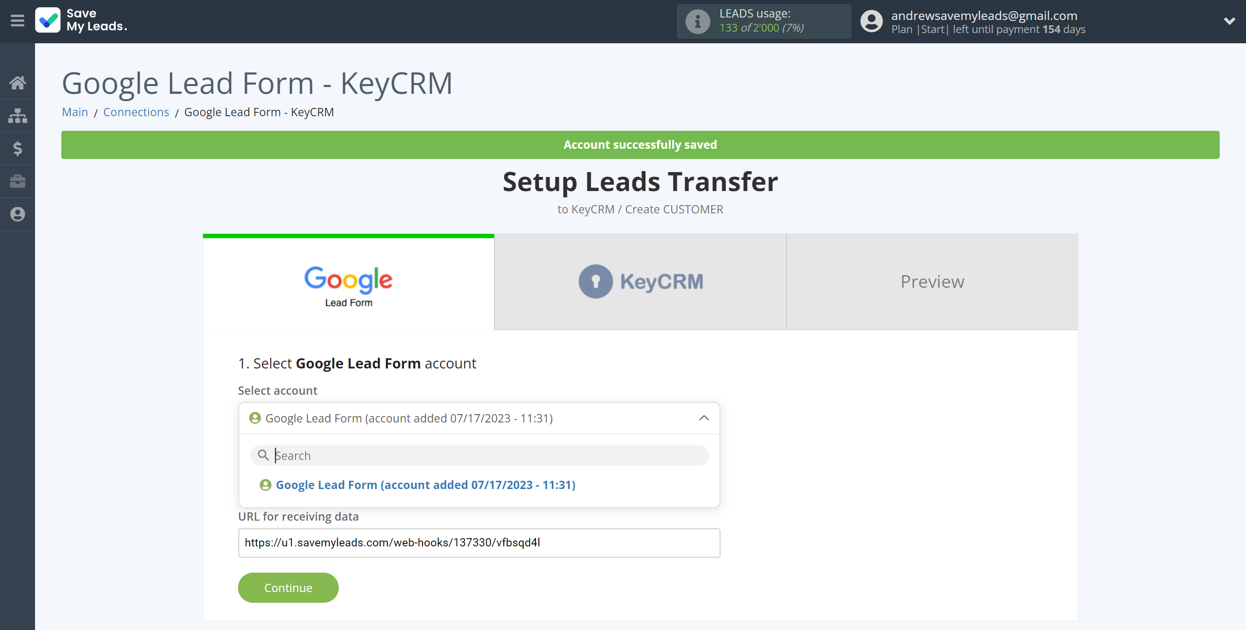 How to Connect Google Lead Form with KeyCRM Create Customer | Data Source account selection