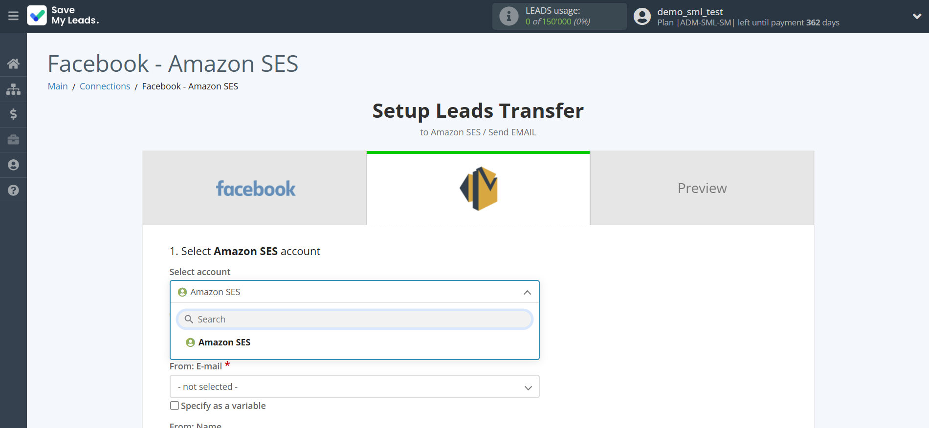 How to Connect Facebook with Amazon SES | Data Destination account selection