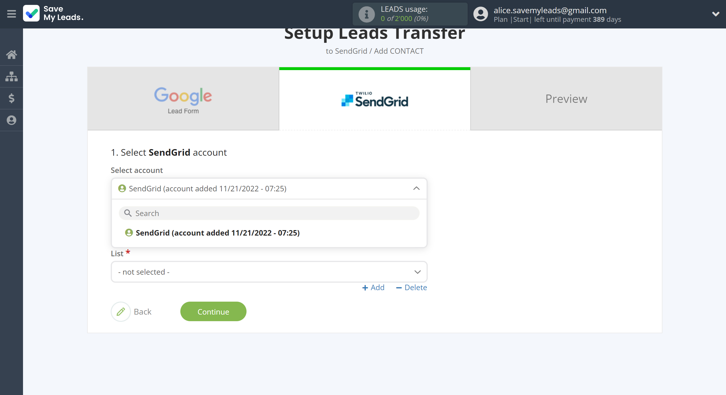 How to Connect Google Lead Form with SendGrid | Data Destination account selection