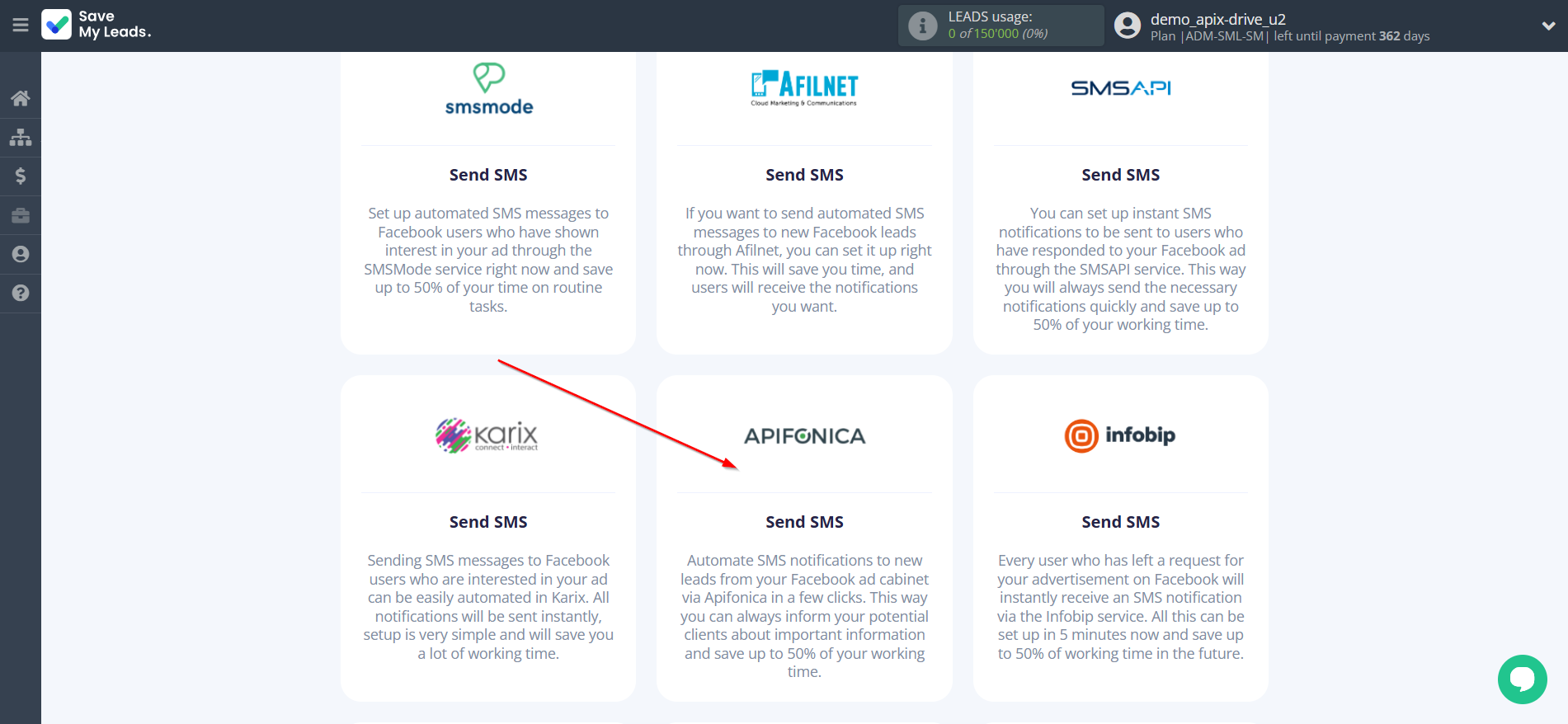 How to Connect Facebook with Apifonica | Data Destination system selection