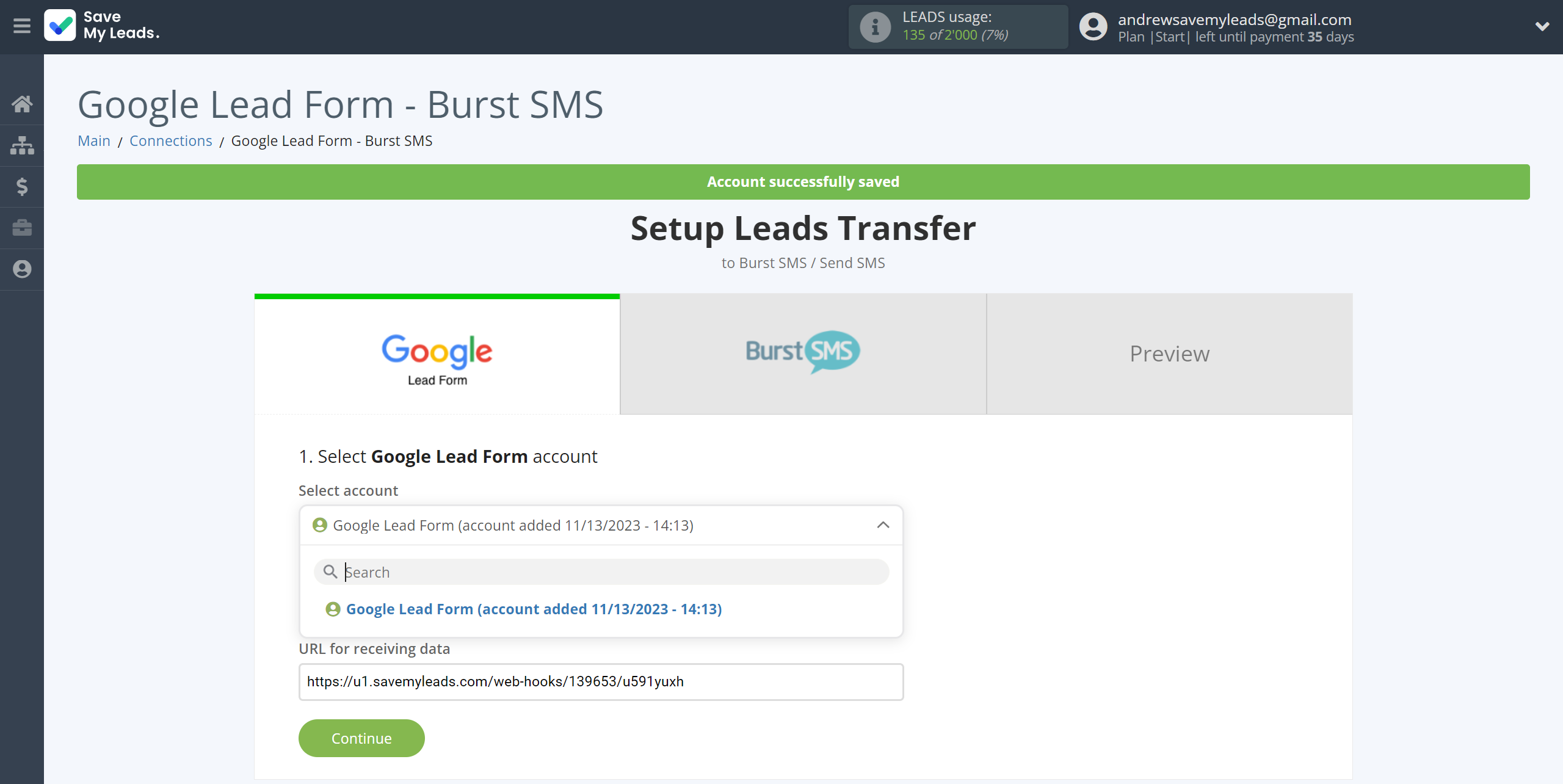 How to Connect Google Lead Form with Burst SMS | Data Source account selection