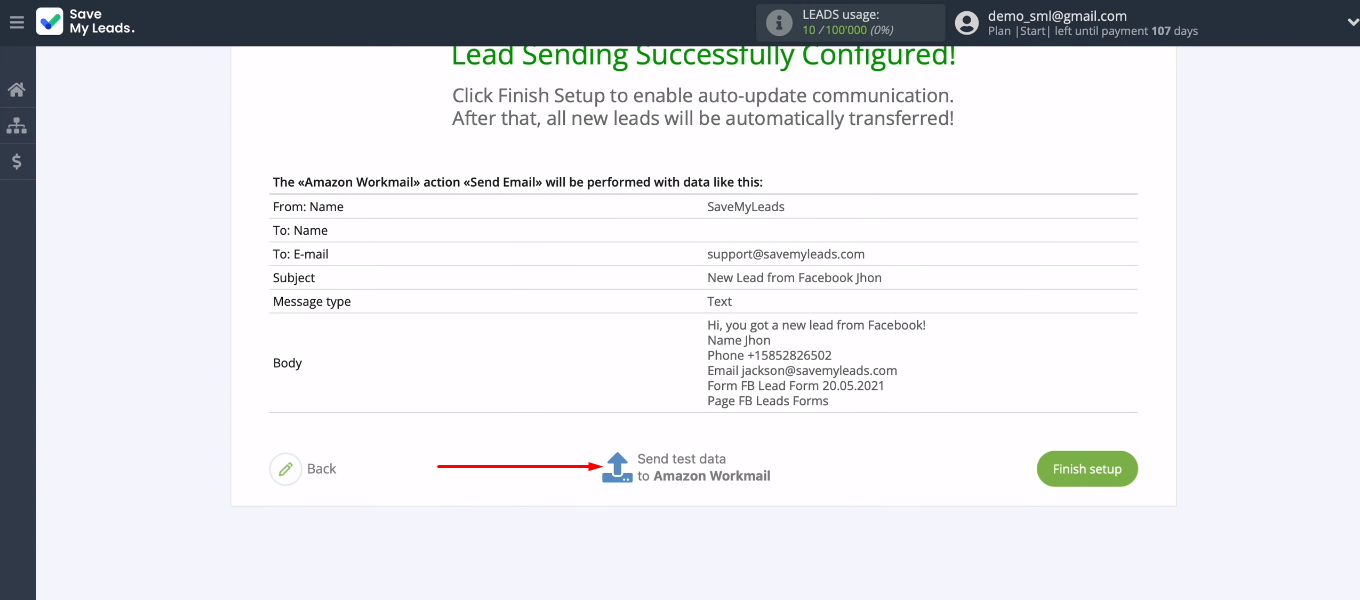 Facebook and Amazon WorkMail integration | Send test data Facebook and Amazon WorkMail integration | Send test data