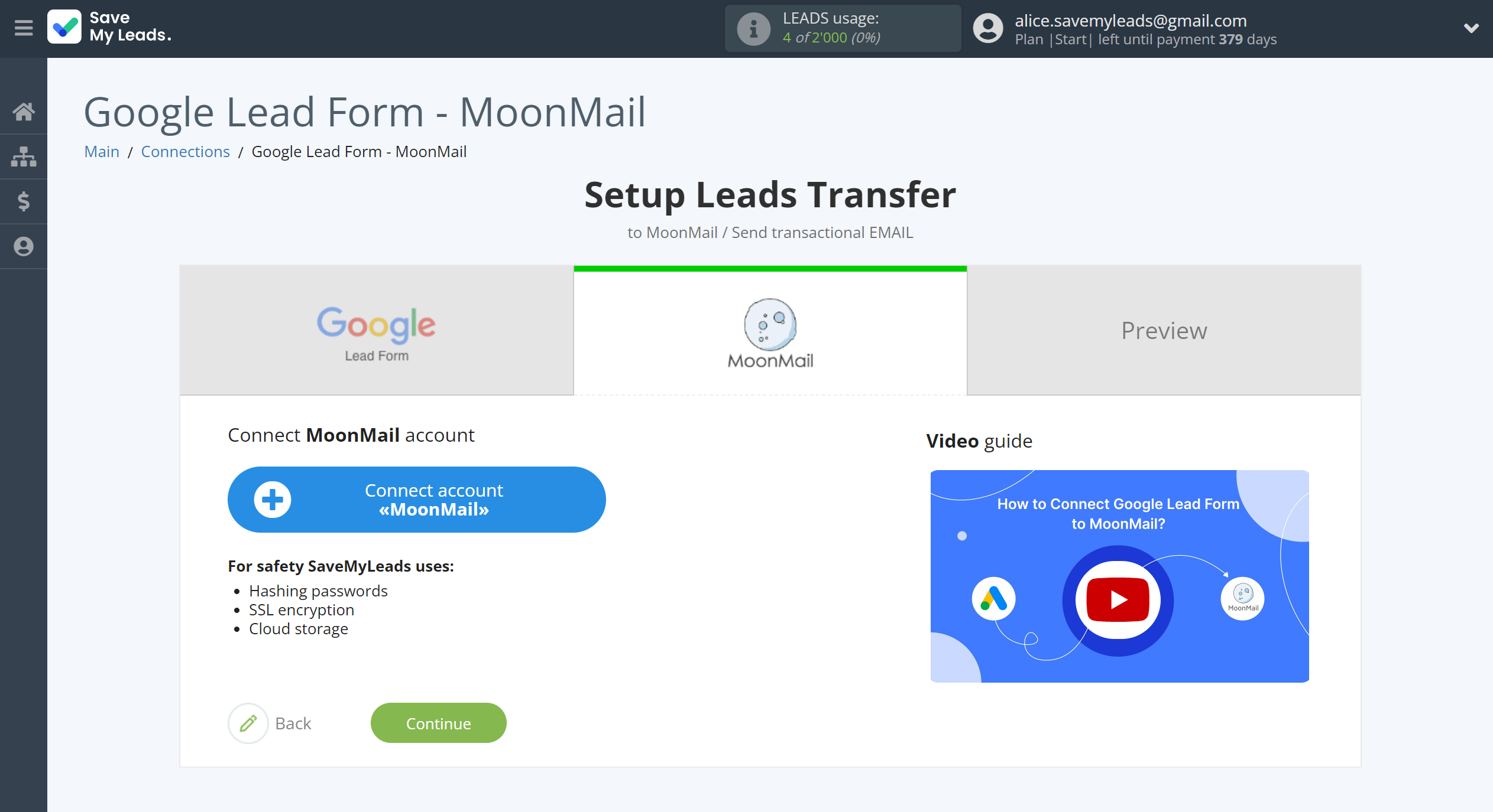 How to Connect Google Lead Form with MoonMail | Data Destination account connection