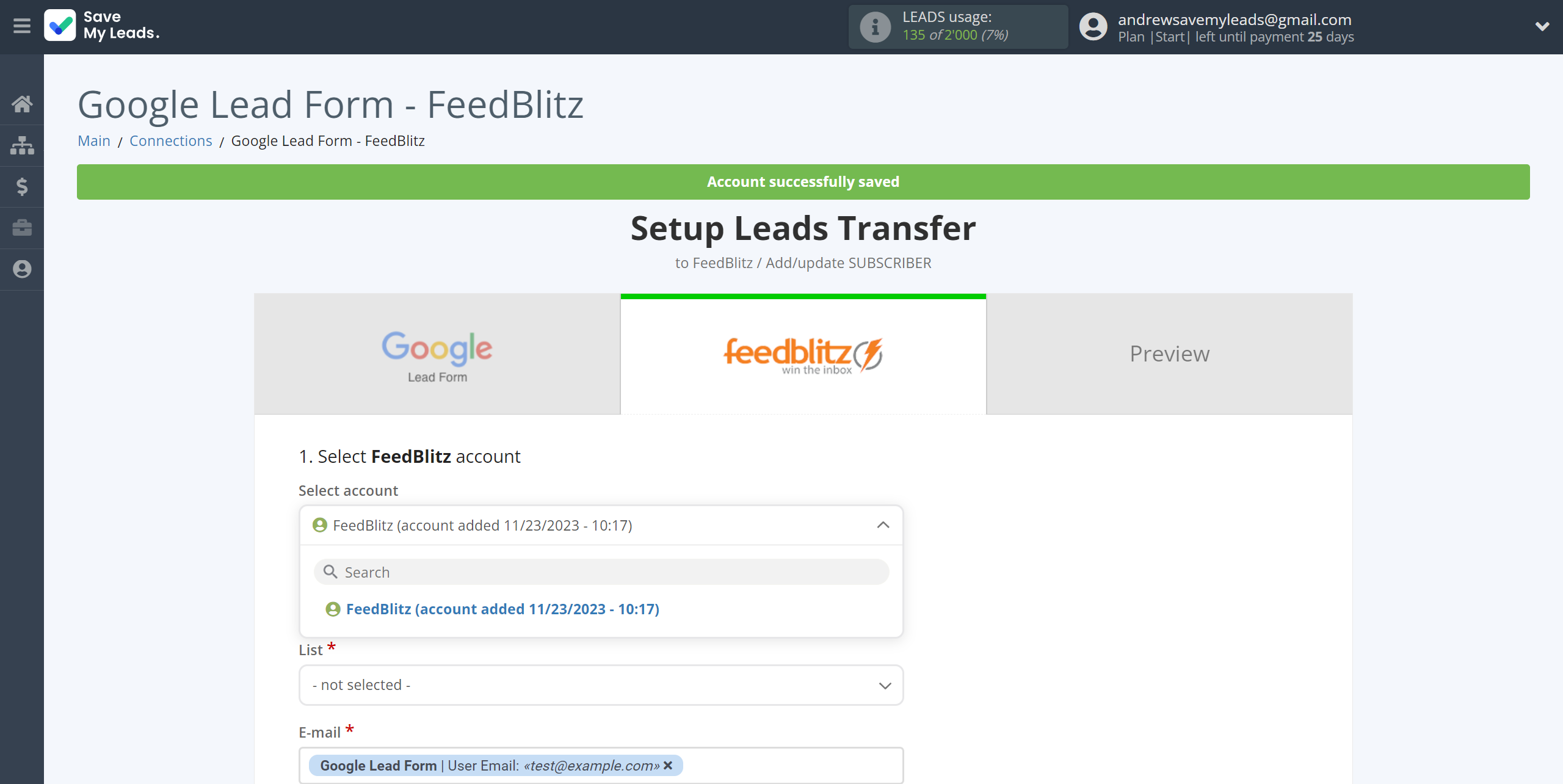 How to Connect Google Lead Form with FeedBlitz | Data Destination account selection