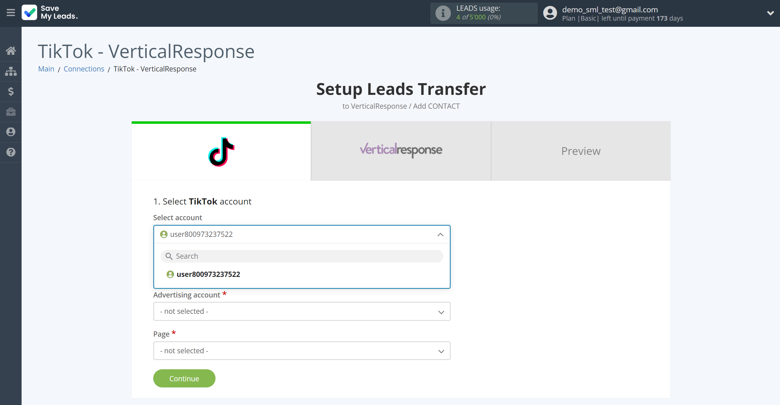 How to Connect TikTok with VerticalResponse | Data Source account selection