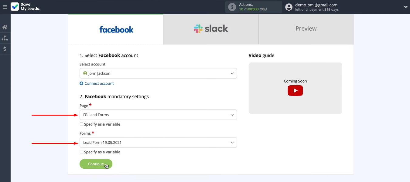 Facebook and Slack integration | Define page and form
