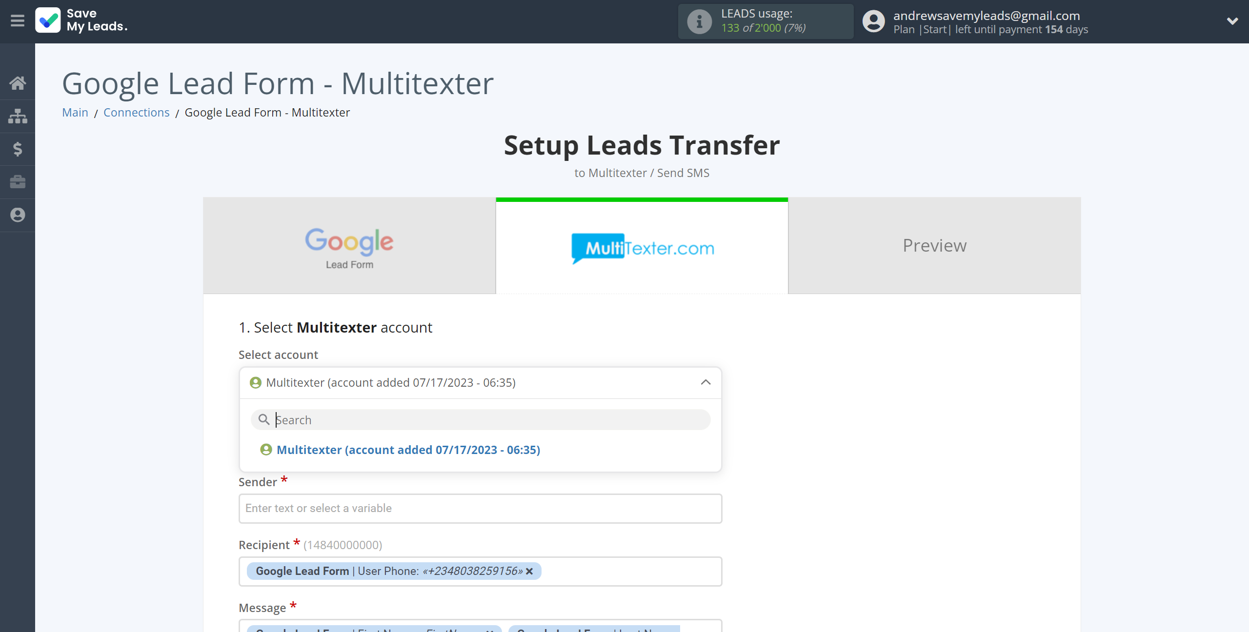 How to Connect Google Lead Form with Multitexter | Data Destination account selection