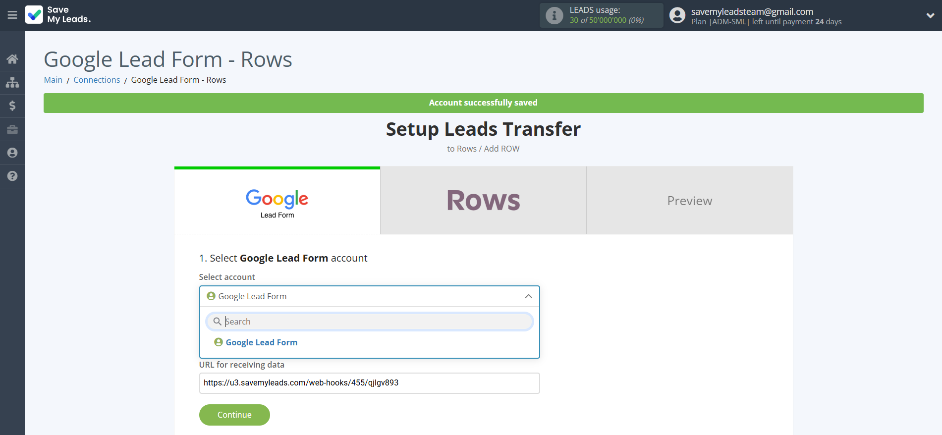 How to Connect Google Lead Form with Rows Add Row | Data Source account selection