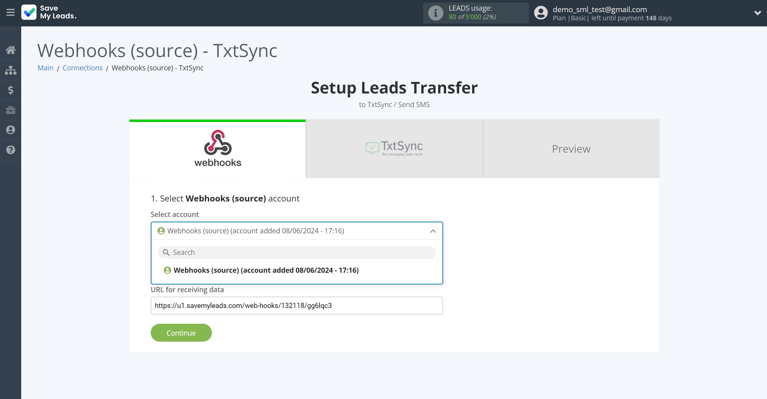 How to Connect&nbsp;Webhooks with TxtSync | Data Source account selection