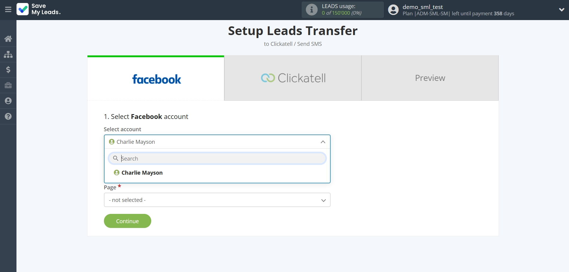 How to Connect Facebook with Clickatell | Data Source account selection
