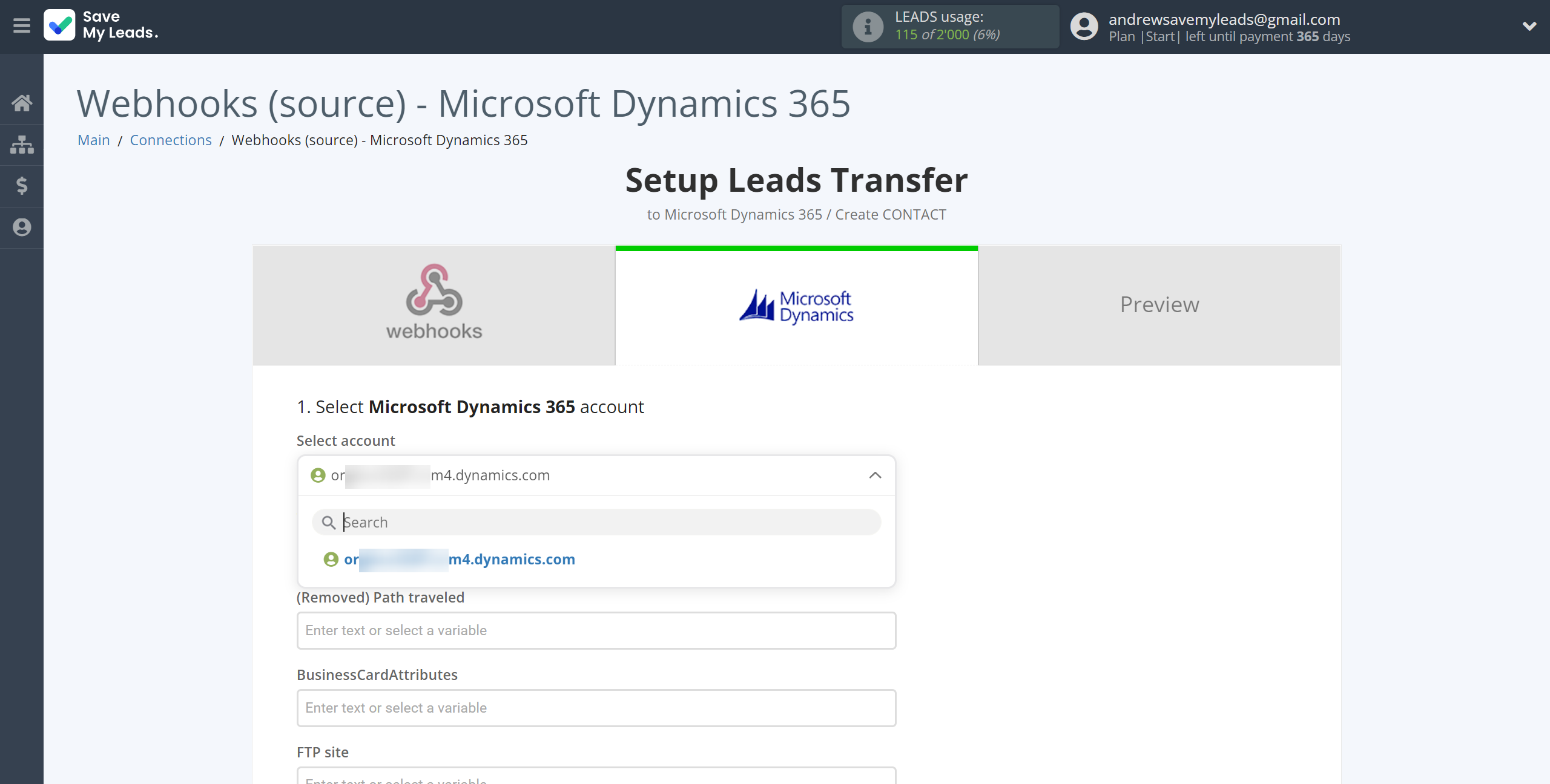 How to Connect Webhooks with Microsoft Dynamics 365 Create Contacts | Data Destination account selection