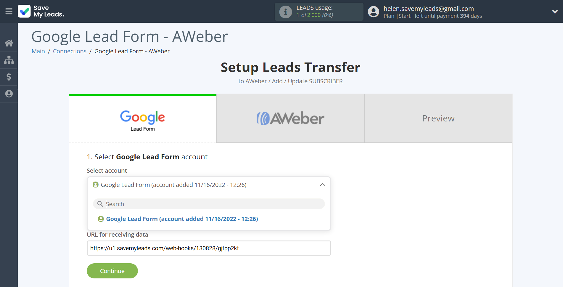 How to Connect Google Lead Form with AWeber | Data Source account selection