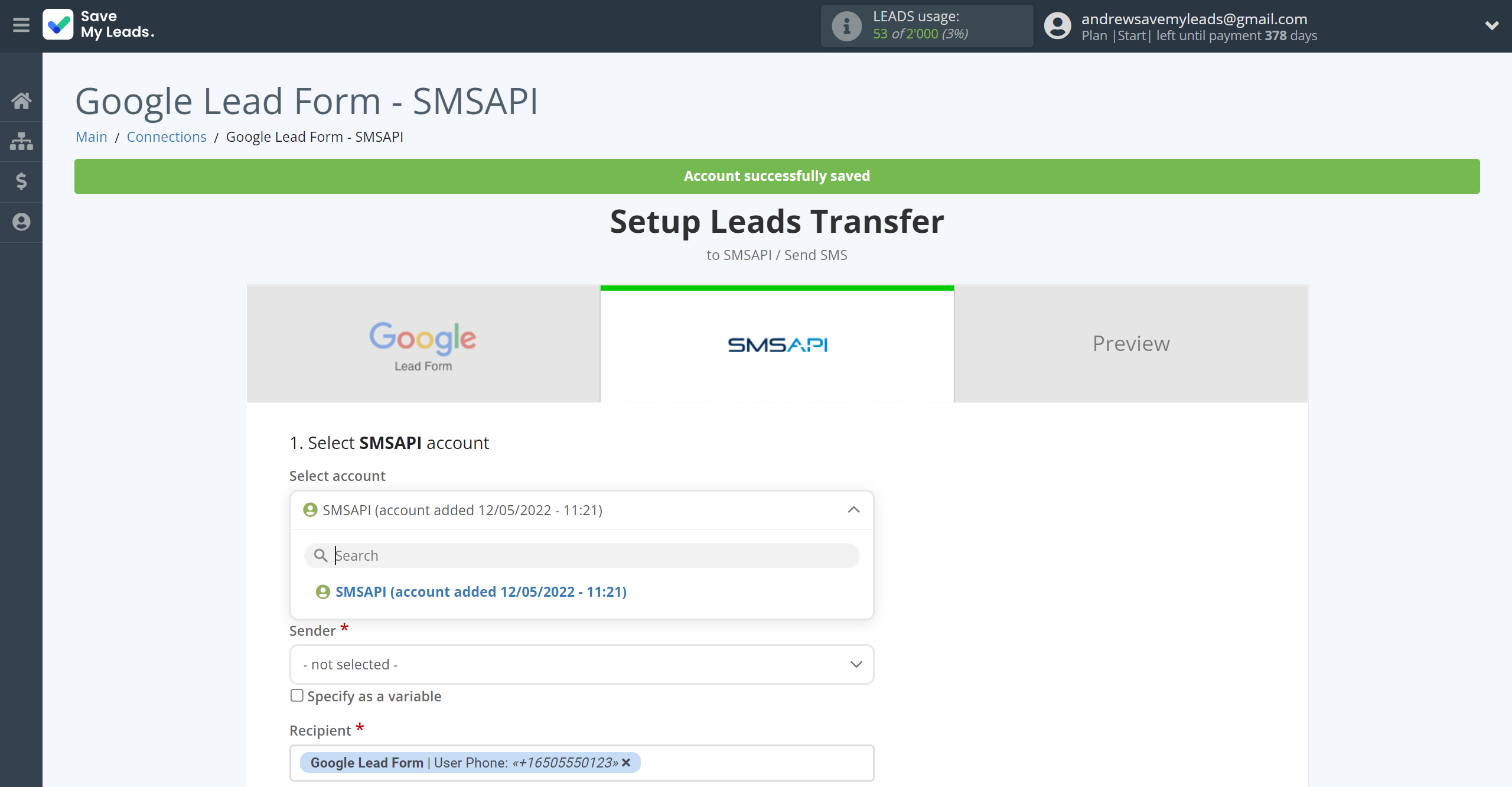 How to Connect Google Lead Form with SMSAPI | Data Destination account selection