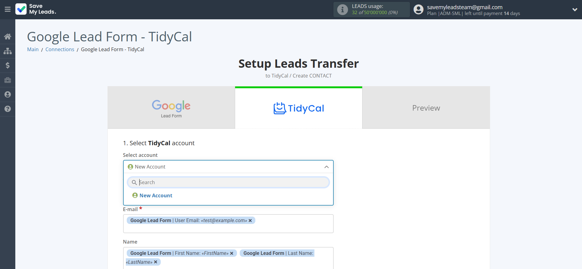 How to Connect Google Lead Form with TidyCal Create Contacts | Data Destination account selection How to Connect Google Lead Form with TidyCal Create Contacts | Data Destination account selection