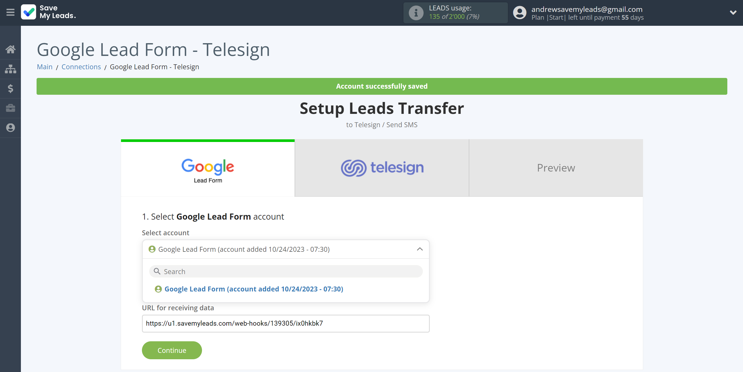 How to Connect Google Lead Form with Telesign | Data Source account selection