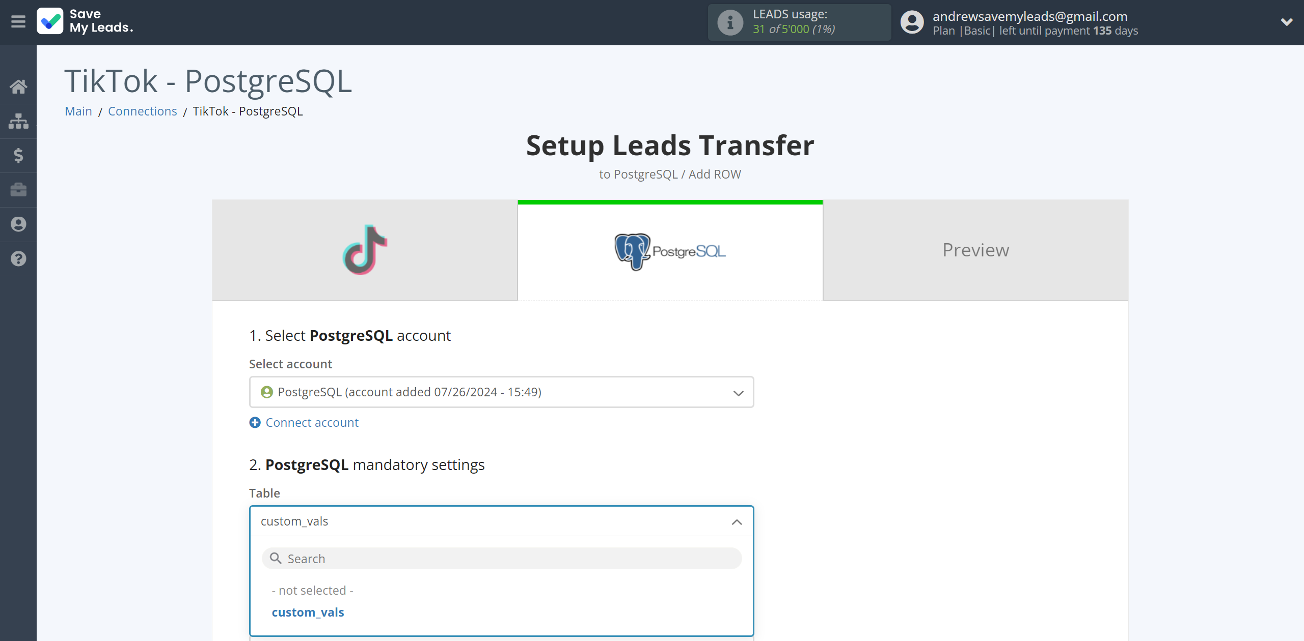 How to Connect TikTok with PostgreSQL | Table selection