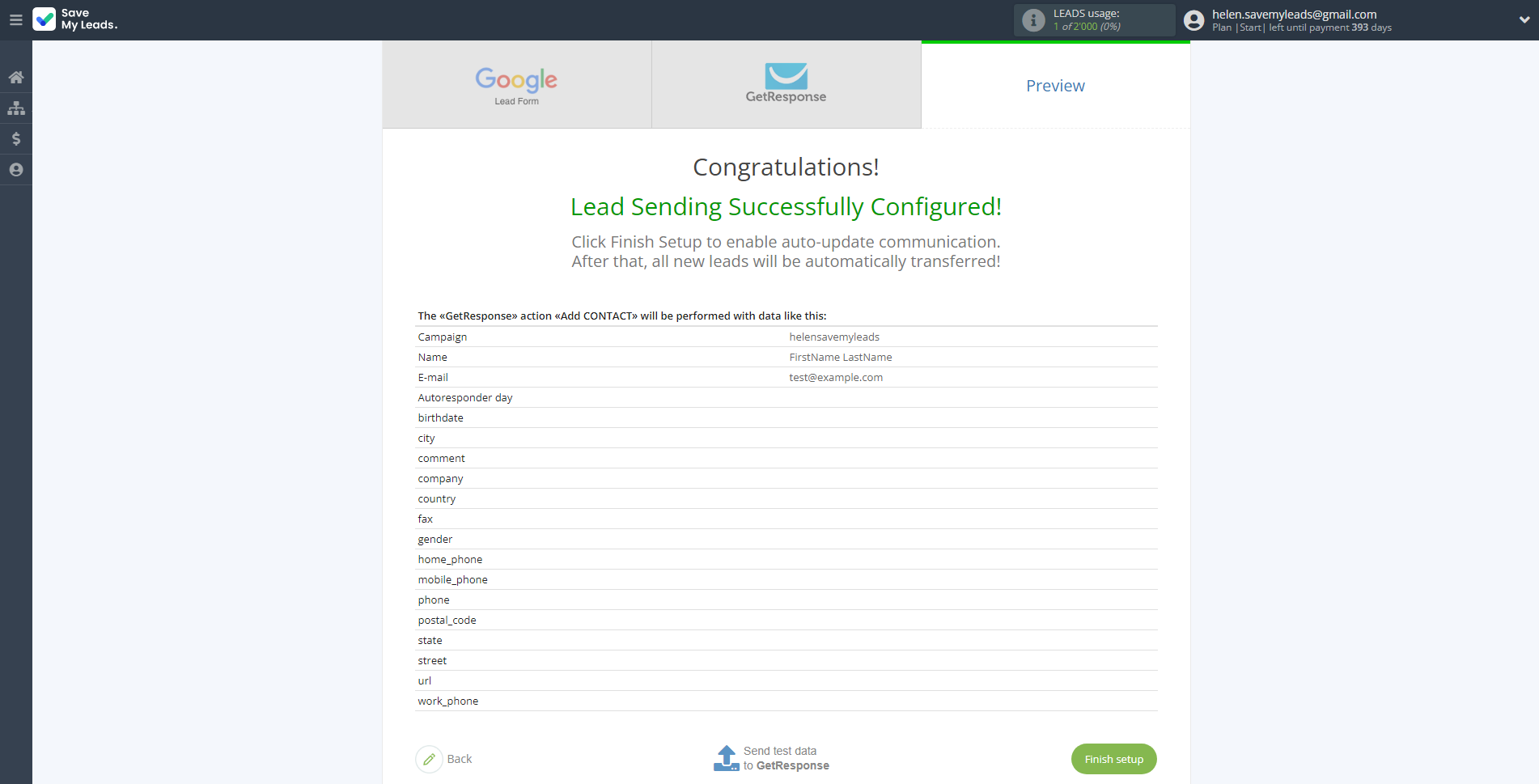 How to Connect Google Lead Form with GetResponse | Test data