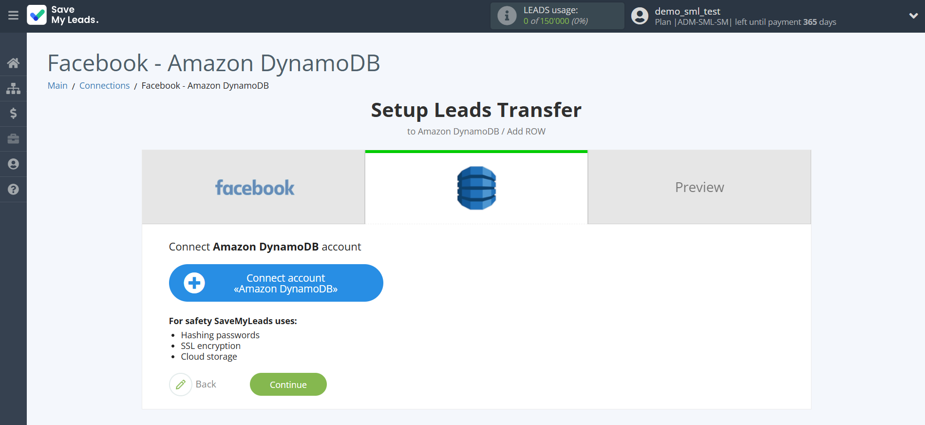 How to Connect Facebook with Amazon DynamoDB | Data Destination account connection