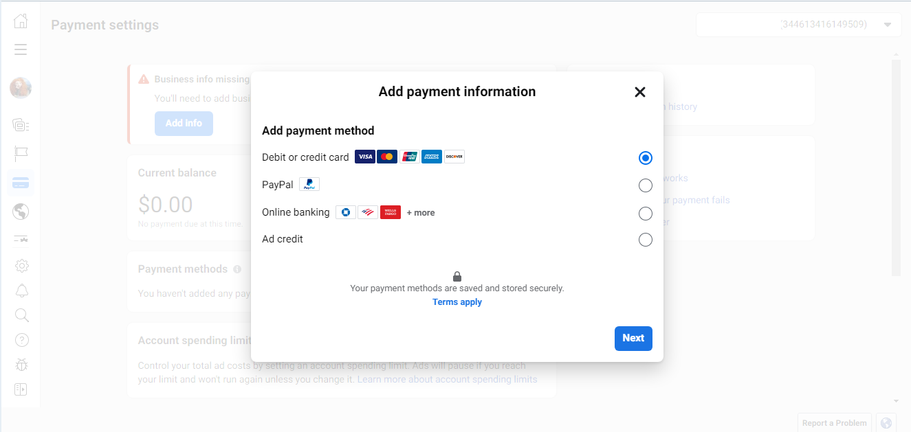 Add payment information