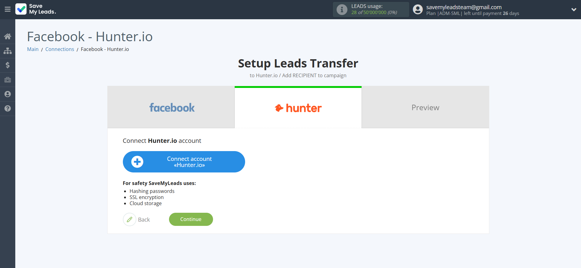 How to Connect Facebook with Hunter.io | Data Destination account connection