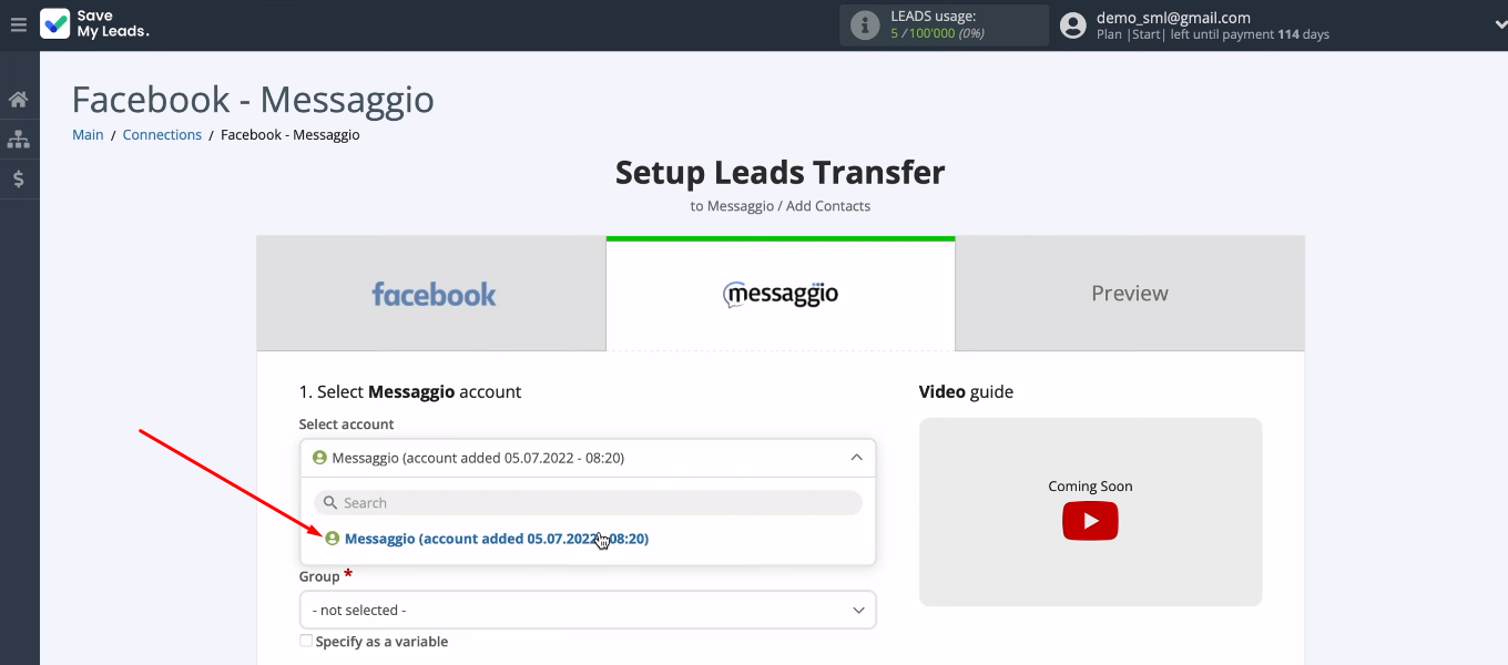 Facebook and Messaggio integration | Select the connected Messaggio account