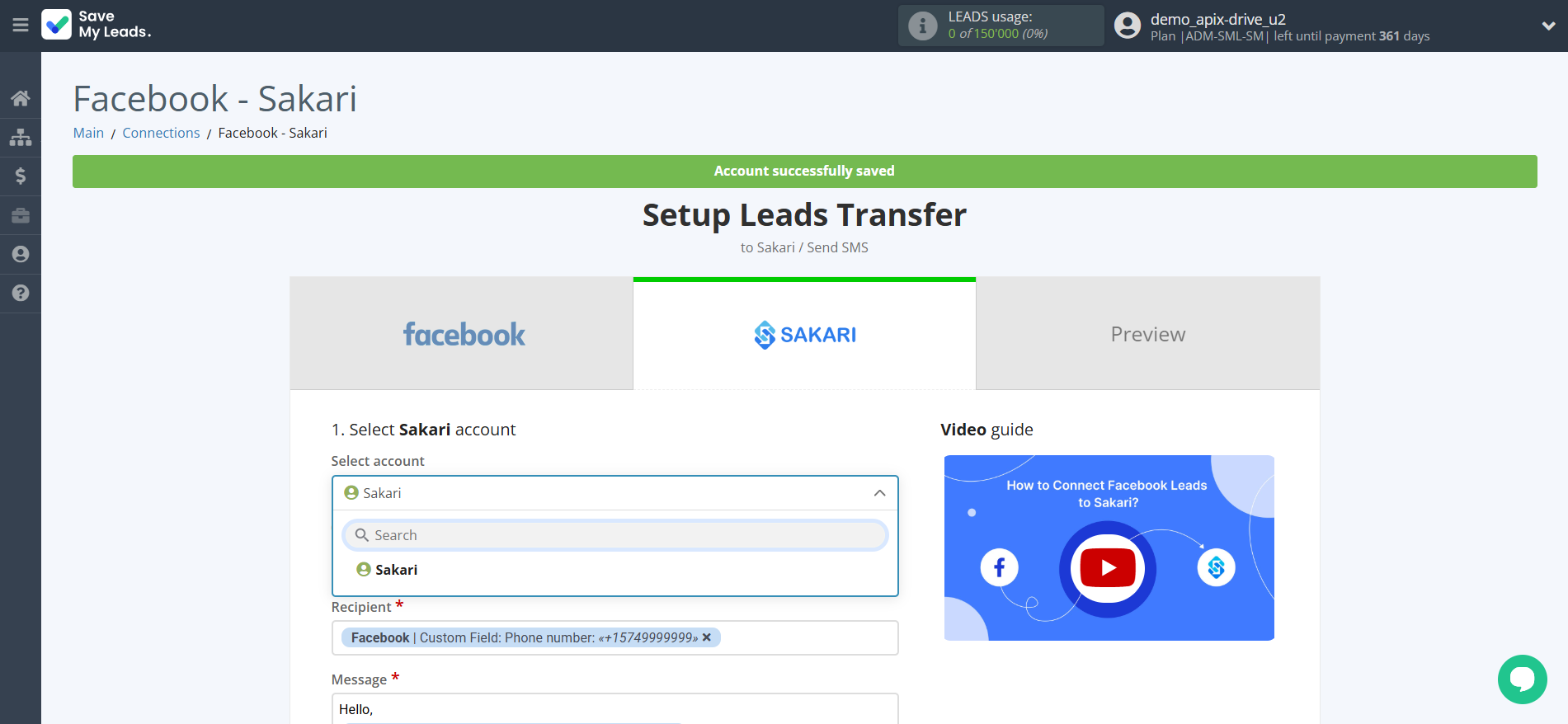 How to Connect Facebook with Sakari | Data Destination account selection