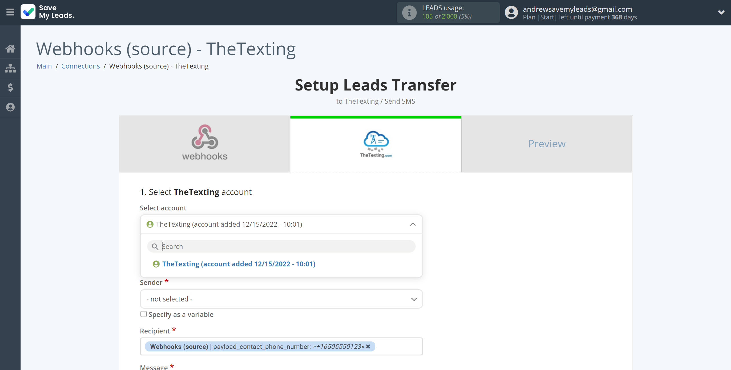 How to Connect Webhooks with TheTexting | Data Destination account selection