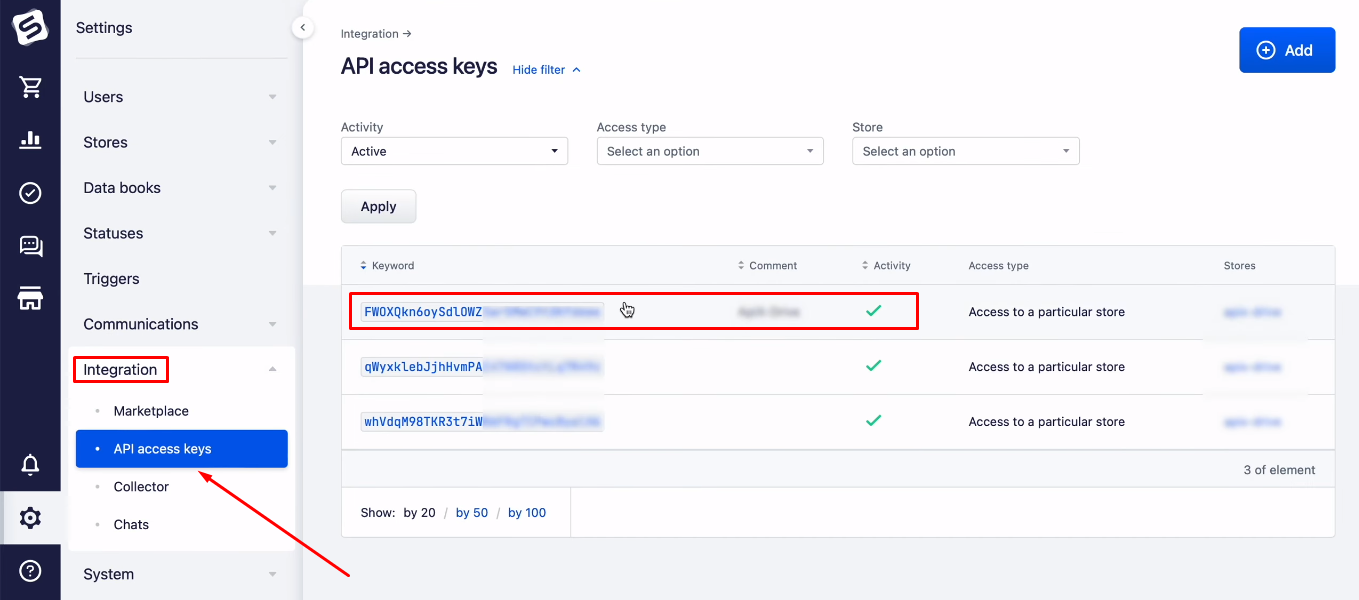 Facebook and Simla integration | Click on the active API key Facebook and Simla integration | Click on the active API key