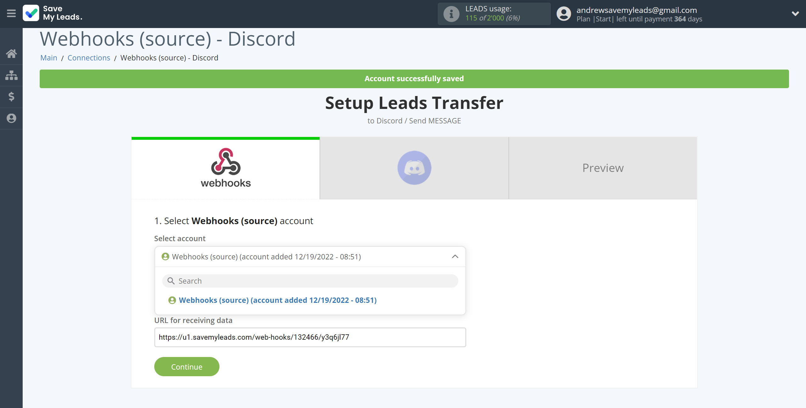 How to Connect Webhooks with Discord | Data Source account selection