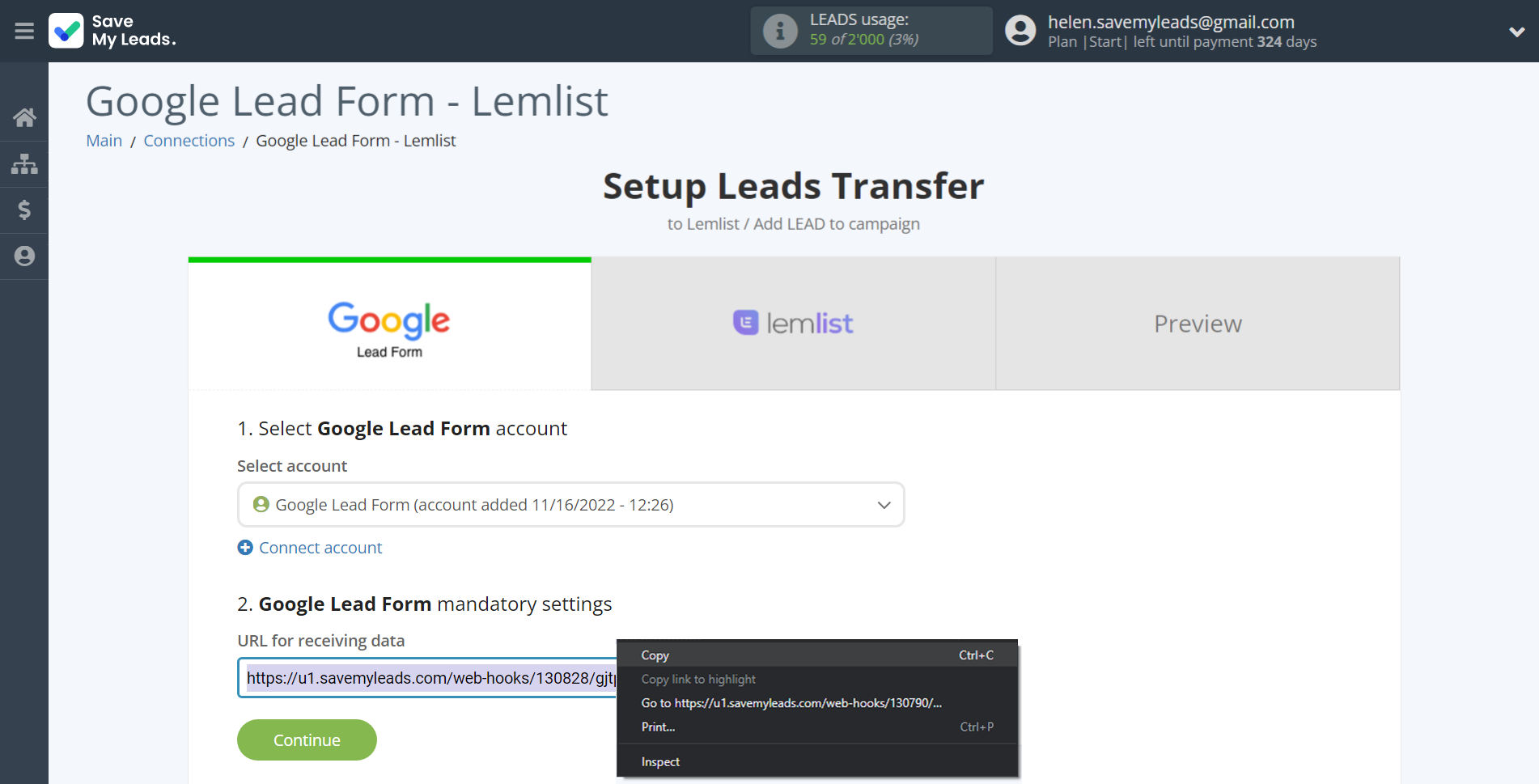 How to Connect Google Lead Form with Lemlist | Data Source account connection