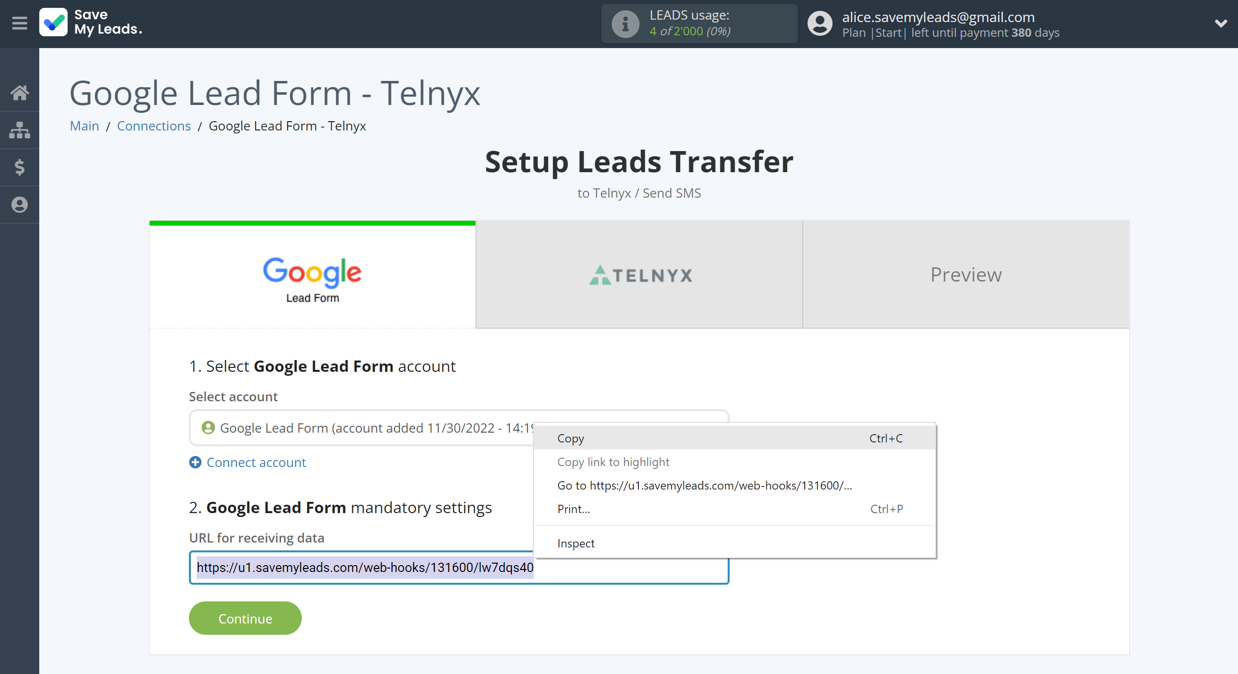 How to Connect Google Lead Form with Telnyx | Data Source account connection