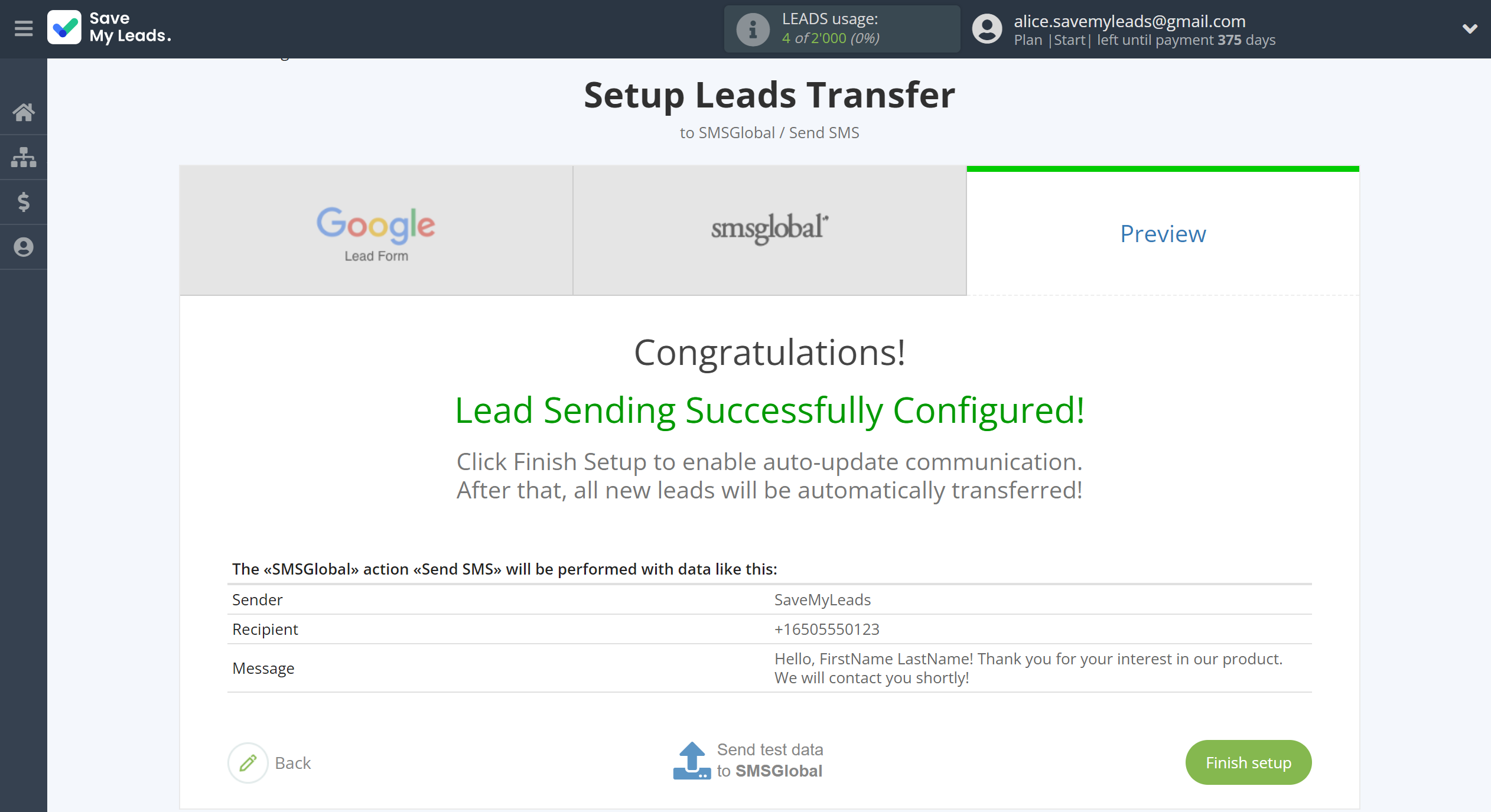 How to Connect Google Lead Form with SMSGlobal | Test data