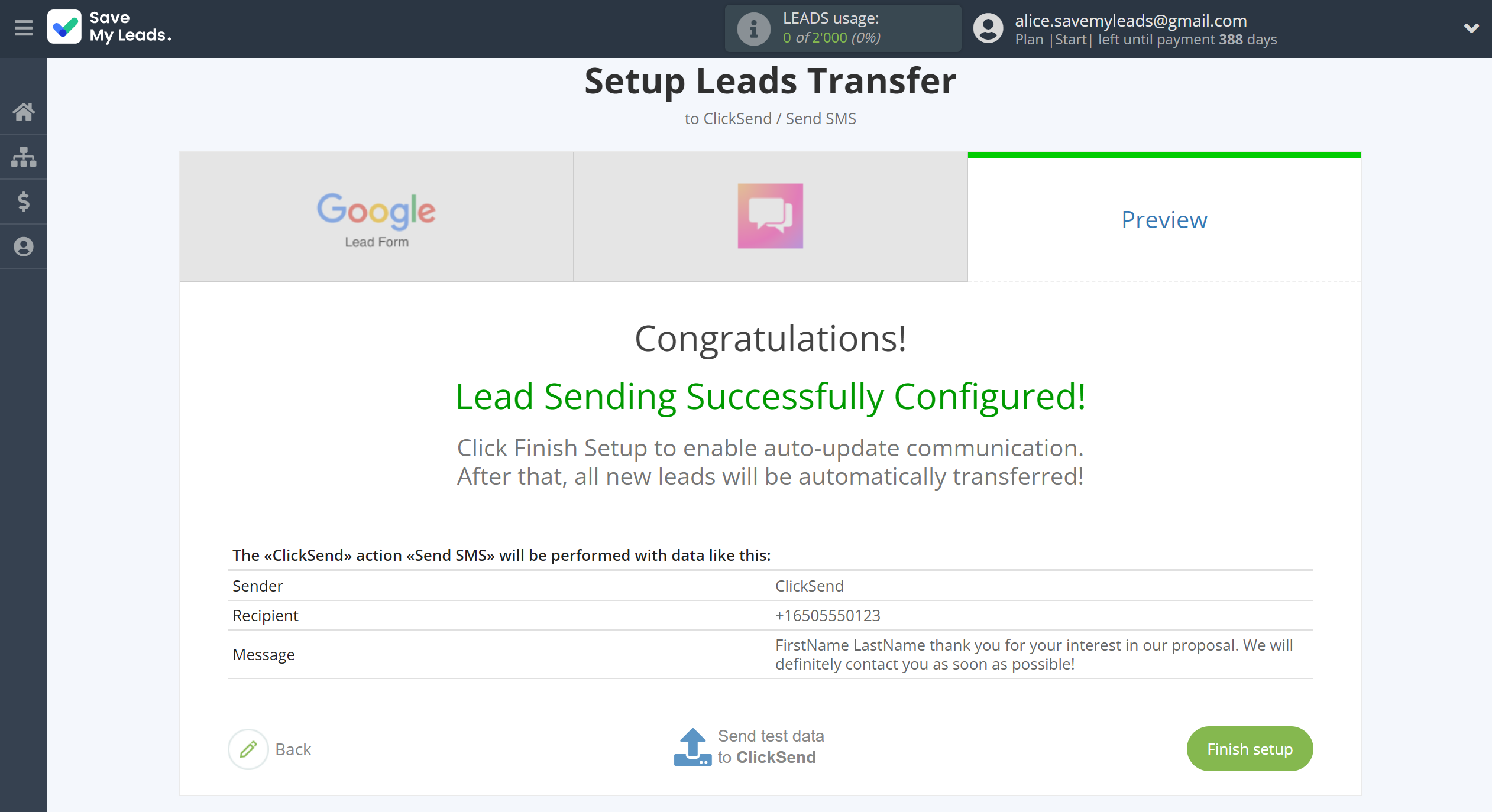 How to Connect Google Lead Form with ClickSend Send SMS | Test data