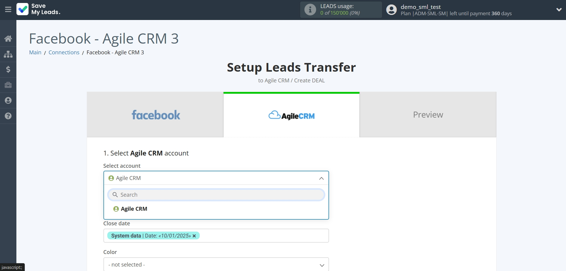 How to Connect Facebook with AgileCRM Create Deal| Data Destination account selection