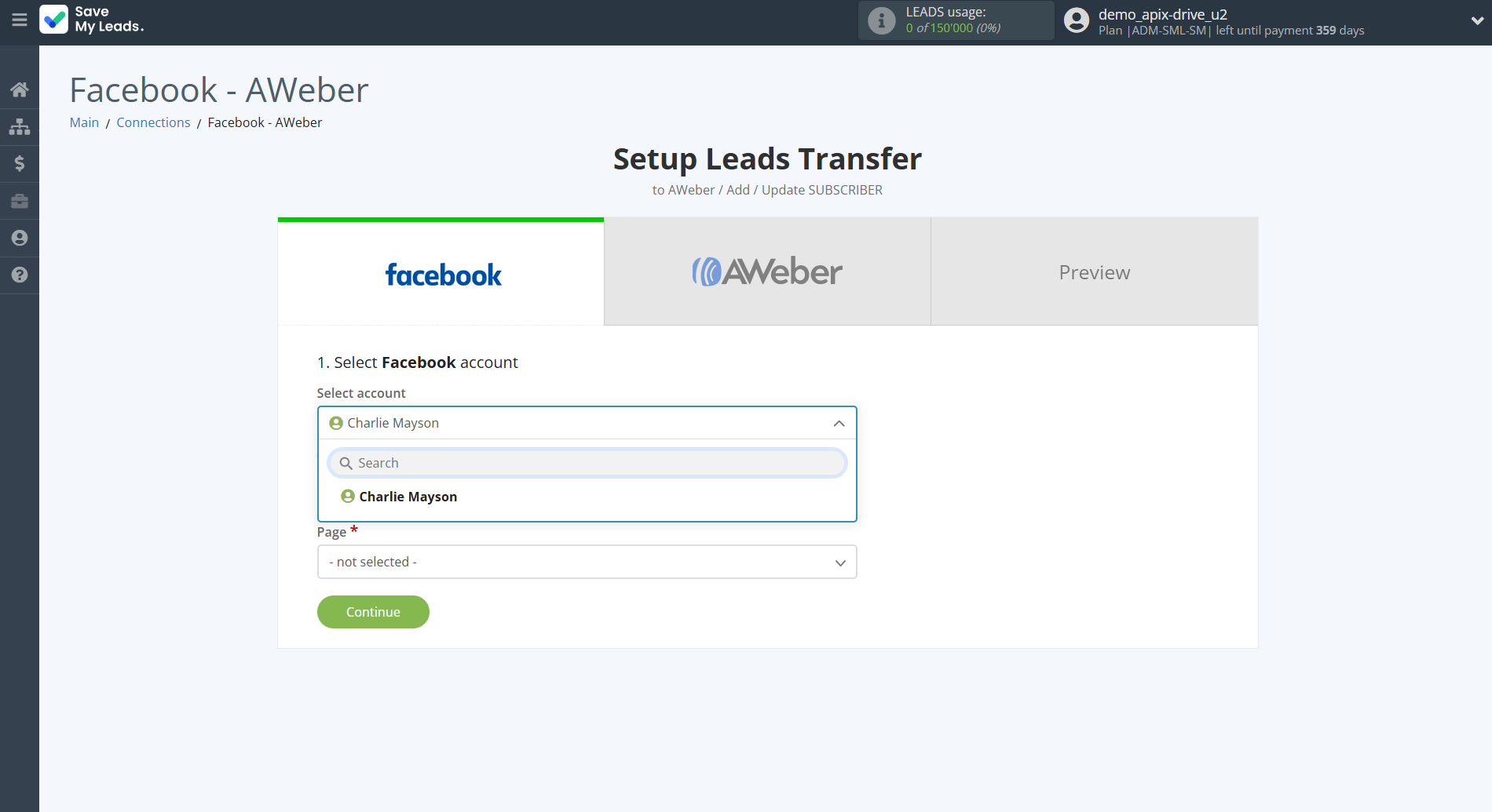 How to Connect Facebook with AWeber | Data Source account selection