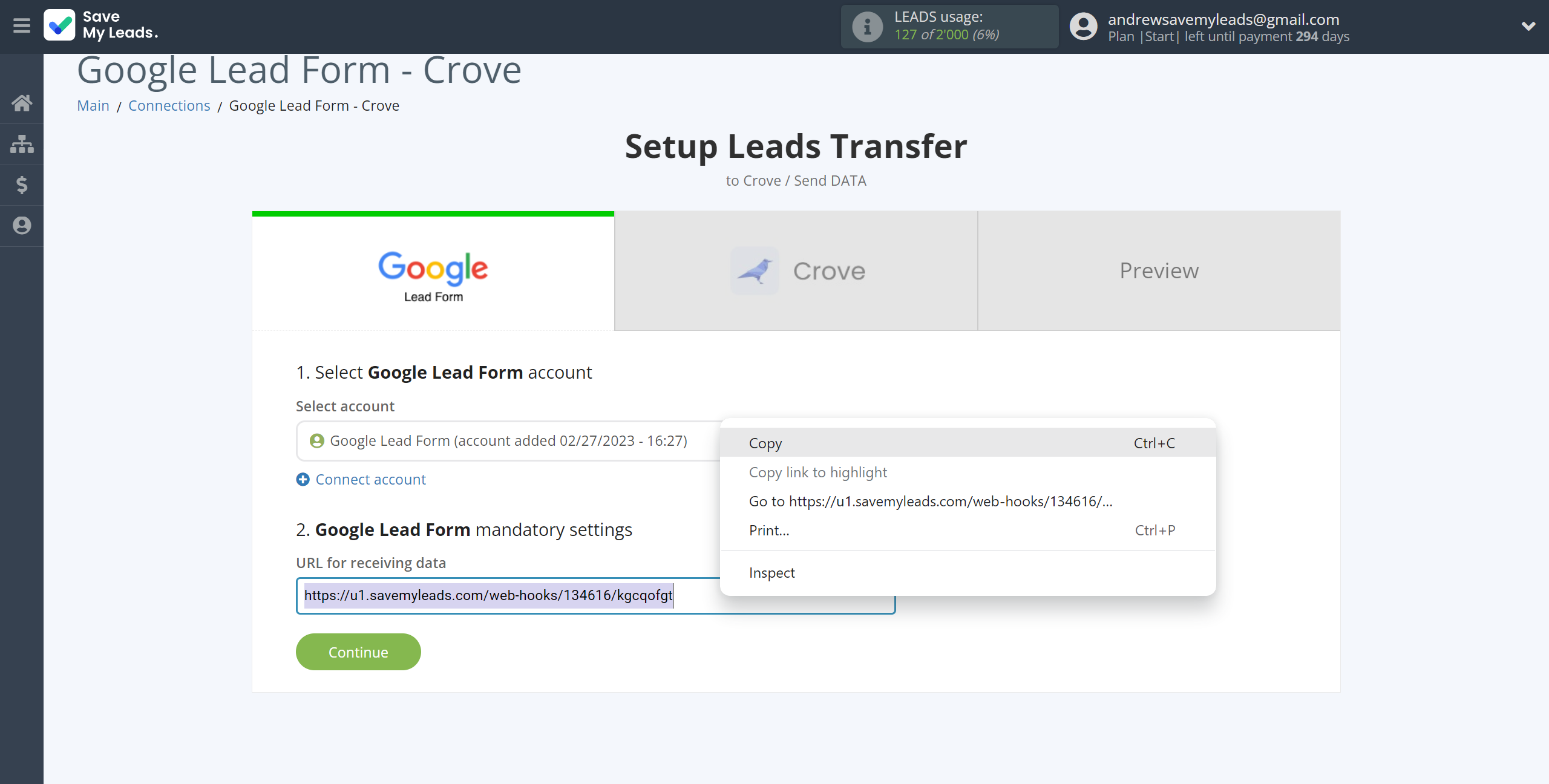 How to Connect Google Lead Form with Crove | Data Source account connection