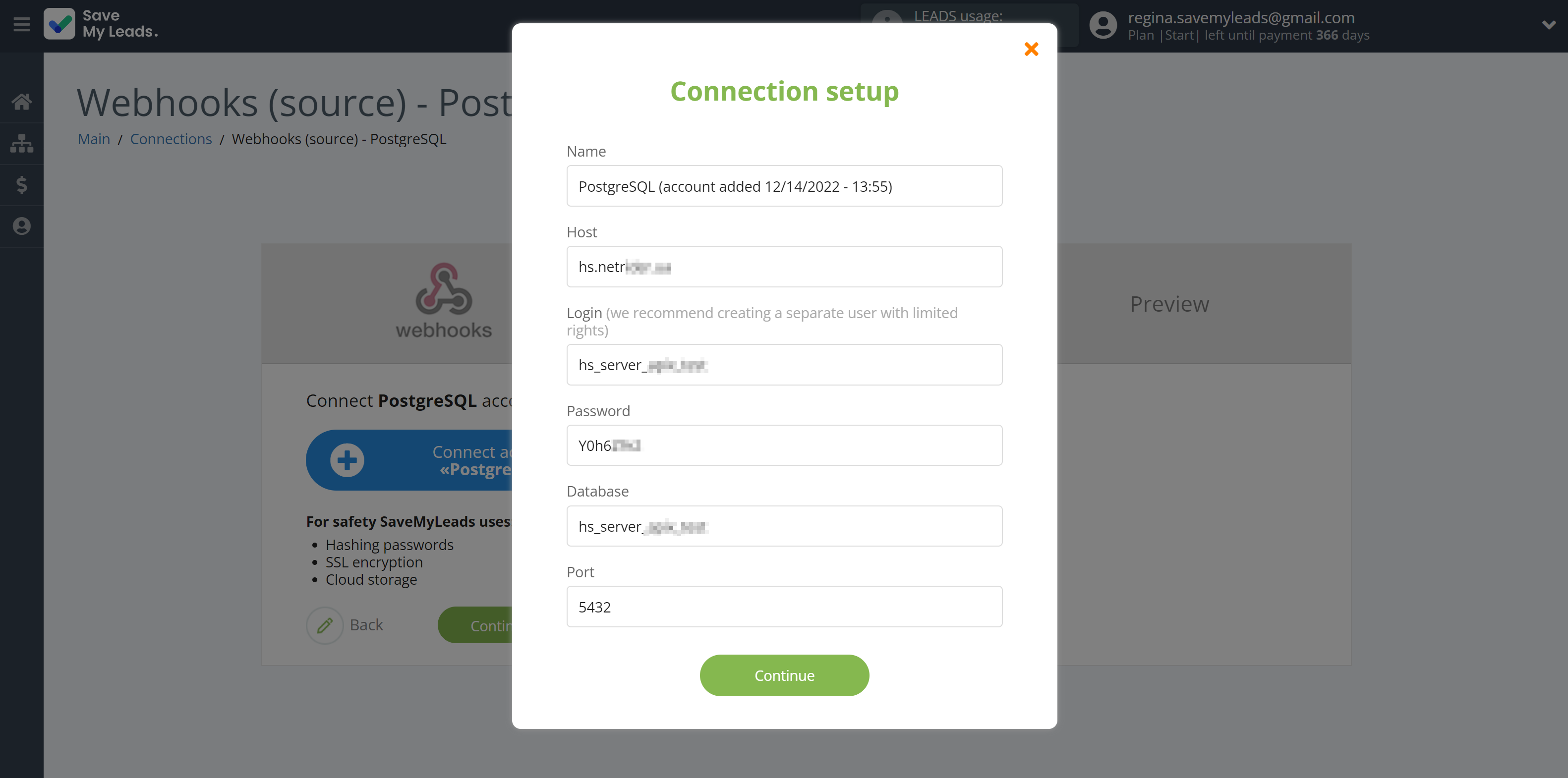 How to Connect Webhooks with PostgreSQL | Data Destination account connection