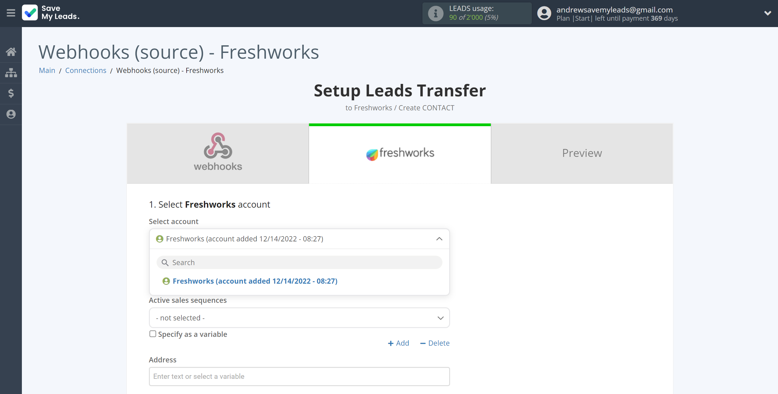 How to Connect Webhooks with Freshworks Create Contacts | Data Destination account selection