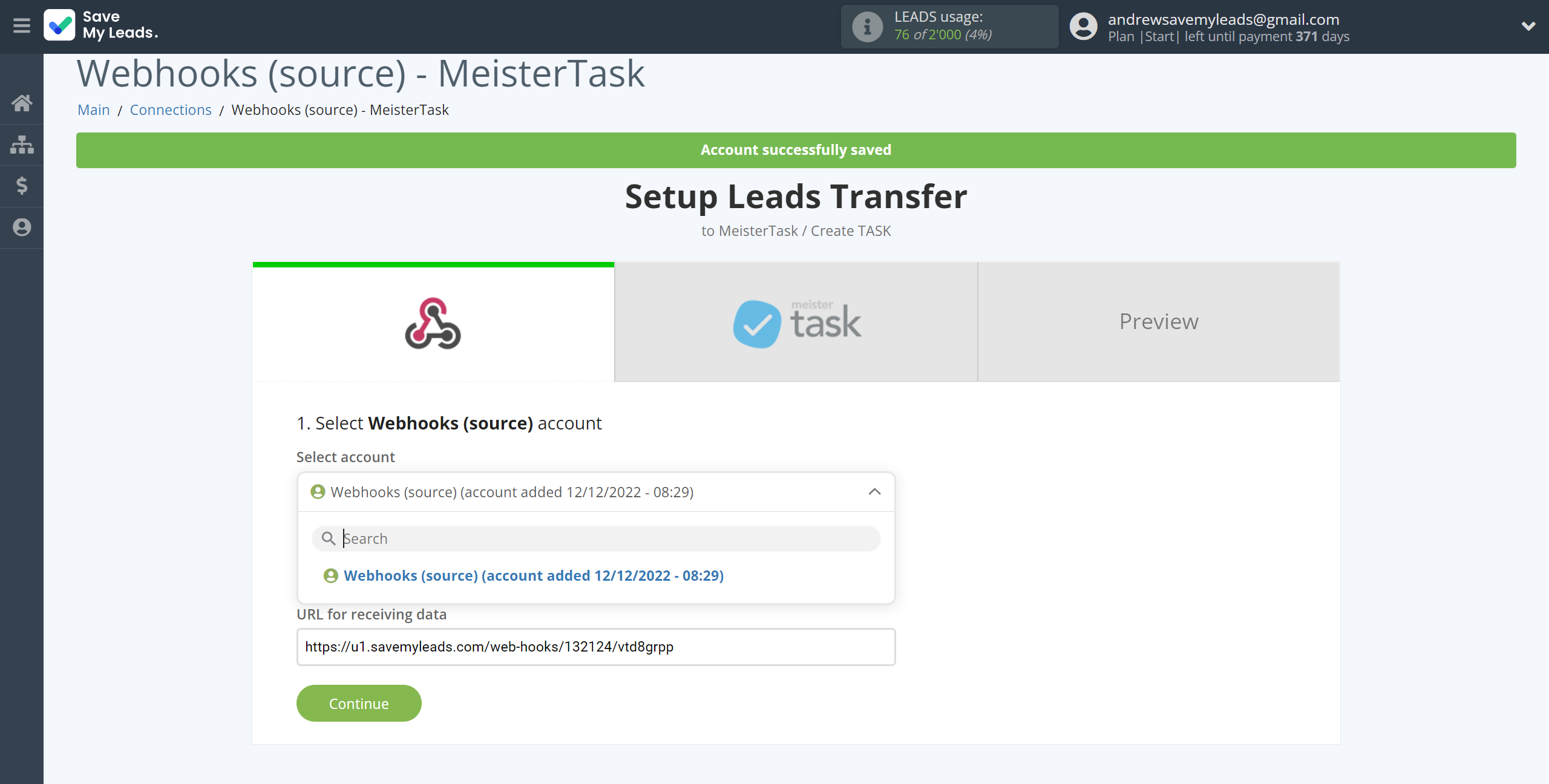 How to Connect Webhooks with MeisterTask | Data Source account connection